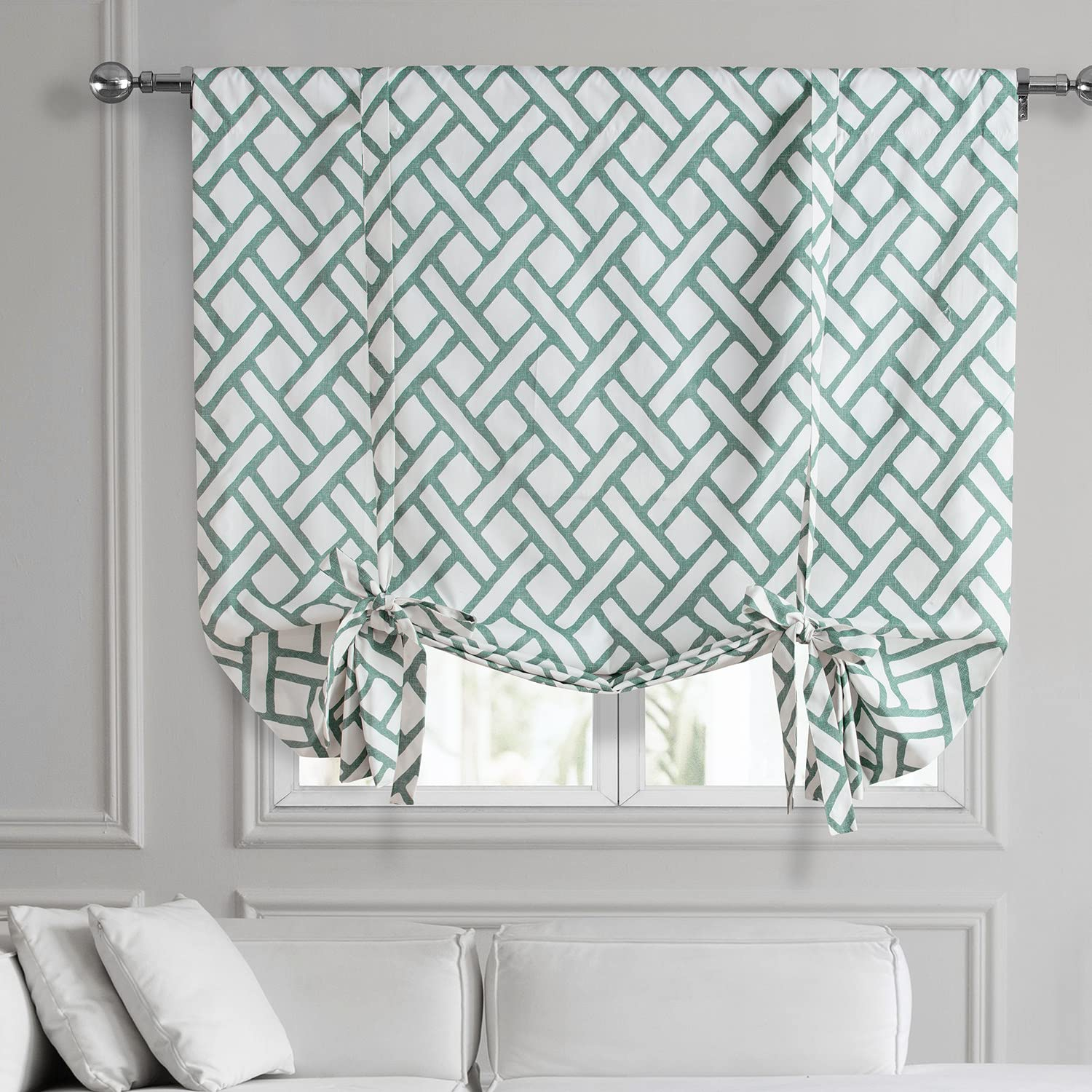HPD Half Price Drapes Printed Cotton Room Darkening Tie Up Curtains for Windows - 46 x 63 Roll Up Balloon Curtain for Living Room, Kitchen (1 Panel), PRCT-TUD215A-63, Garden Path Slate Blue