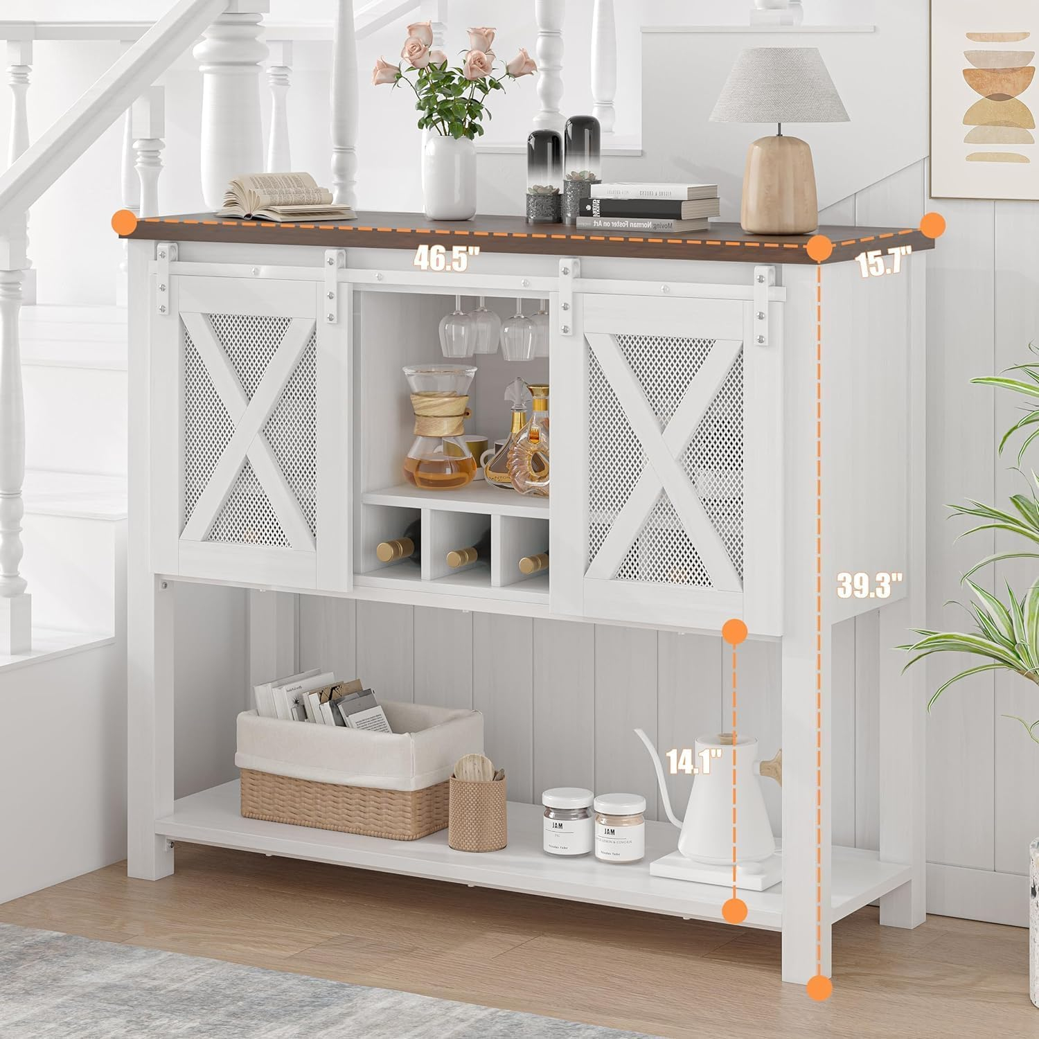 GAOMON Farmhouse Coffee Bar Cabinet with Sliding Barn Doors, Wine Rack, Stemware Holder, and Storage Shelves, Rustic Kitchen Buffet for Living Room or Hallway