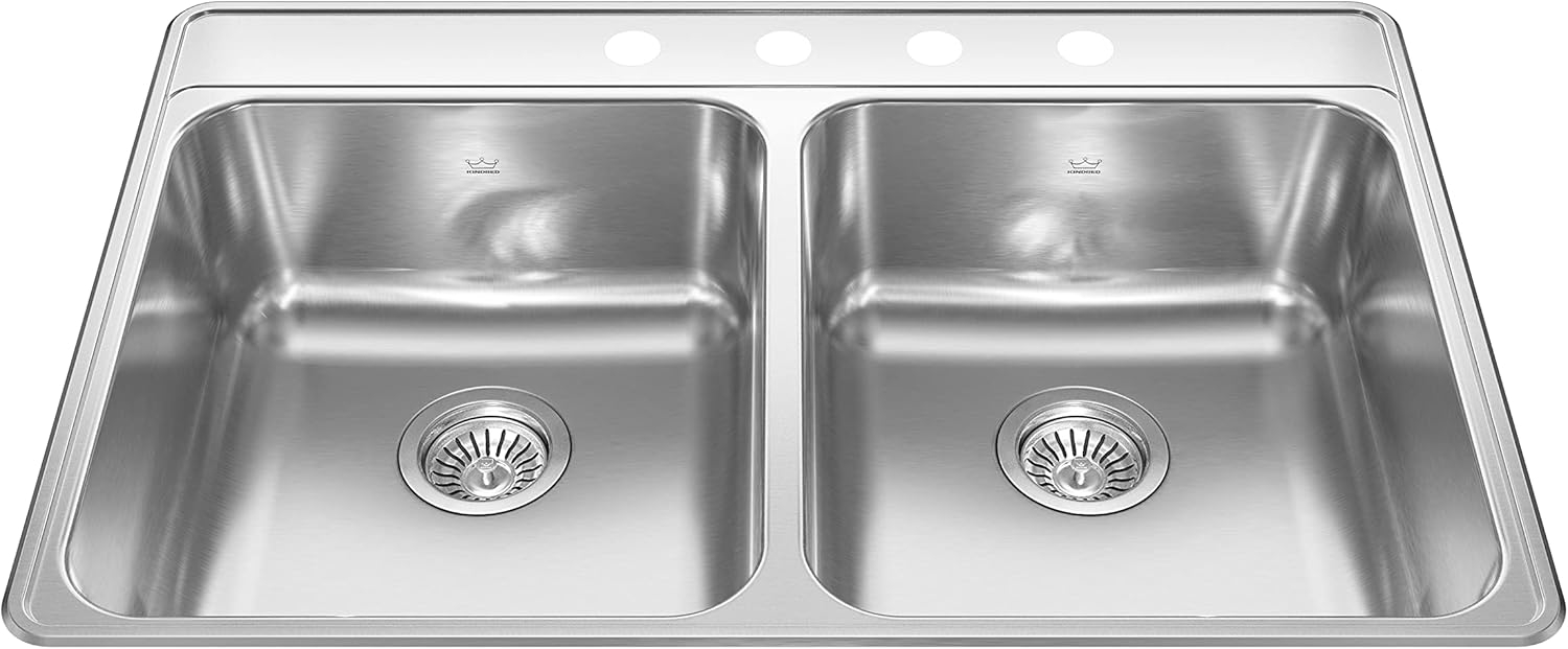 Kindred Creemore 33-in LR x 22-in FB x 8-in DP Drop In Double Bowl 4-Hole Stainless Steel Kitchen Sink, CDLA3322-8-4CBN