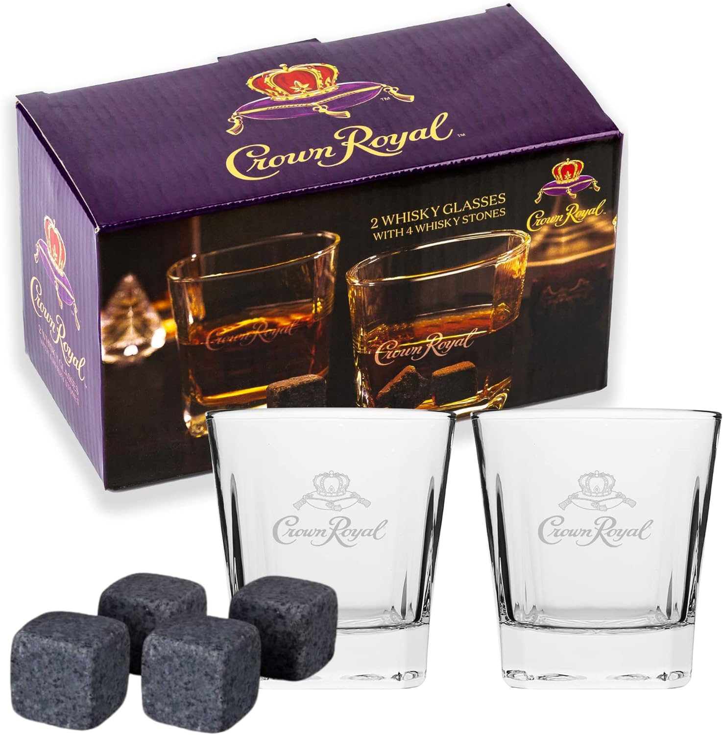 Crown Royal Whiskey Glass and Stone Set by Lord’s Rocks | 2 Scotch Whiskey Glasses and 4 Unique Chilling Granite Rocks | Whiskey Stone Gift Set for Men Compatible
