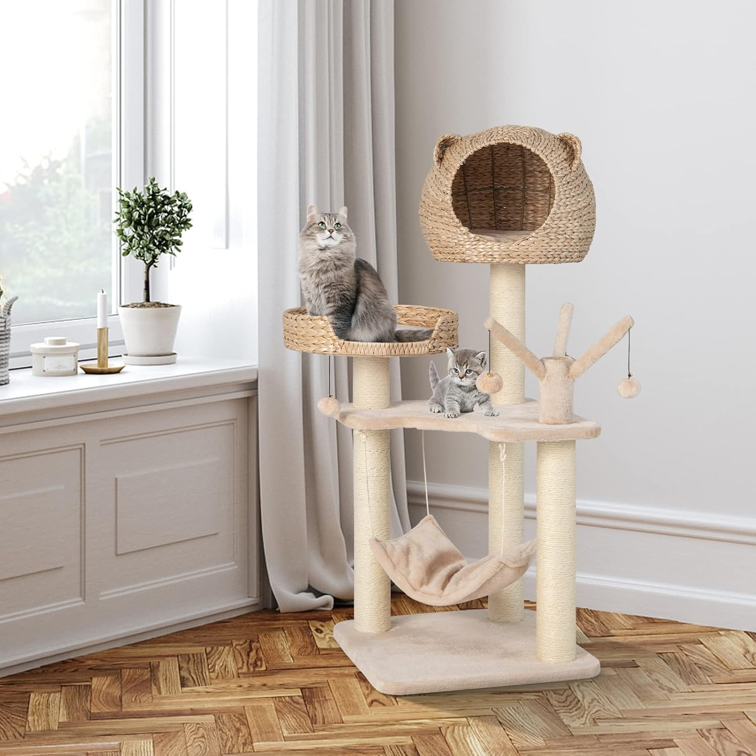 Giantex Wooden Cat Tree, 48 inches Cat Tower with Cattail Condo, Cat Bed, Hammock, Rotatable Jingling Balls, Natural Sisal Scratching Posts, Removable Cushion, Multi-Level Kitten Activity Center