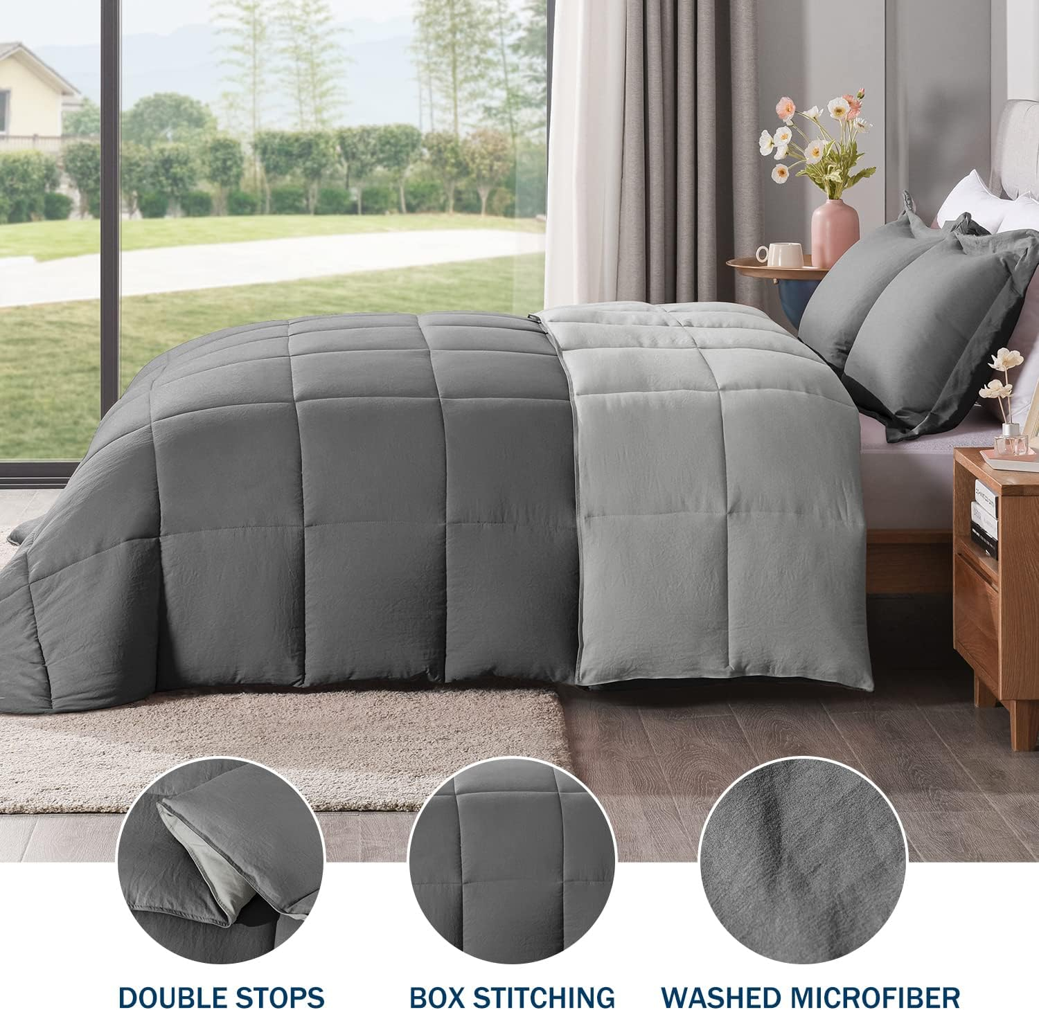 LOVTEX 3PCS Grey Comforter Queen Set - Ultra Soft Washed Microfiber Queen Comforter Set - Reversible Down Alternative Comforter with 2 Pillow Shams(Grey/Charcoal)