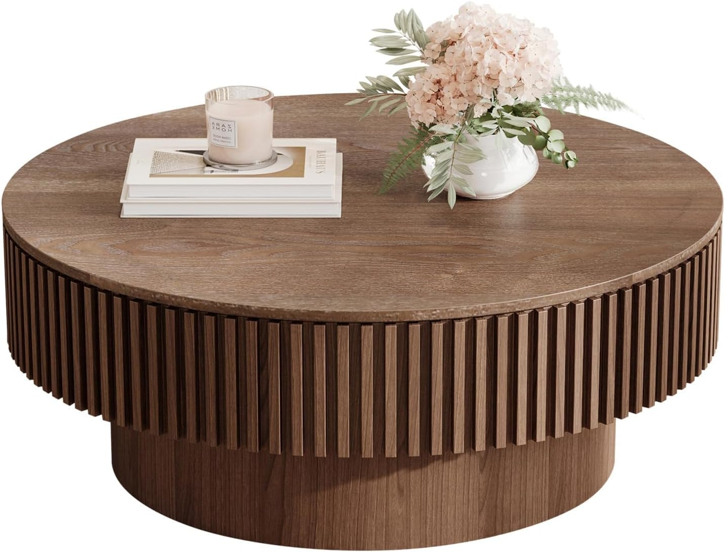 31.5" Round Wood Coffee Table with Storage - Modern Drum Circle Fluted Side Table for Apartment, Office - Easy Assembly, Walnut