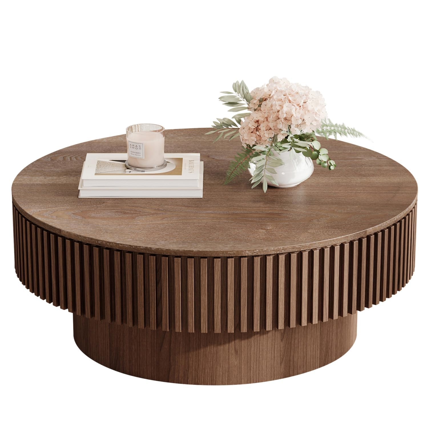 31.5" Round Wood Coffee Table with Storage - Modern Drum Circle Fluted Side Table for Apartment, Office - Easy Assembly, Walnut