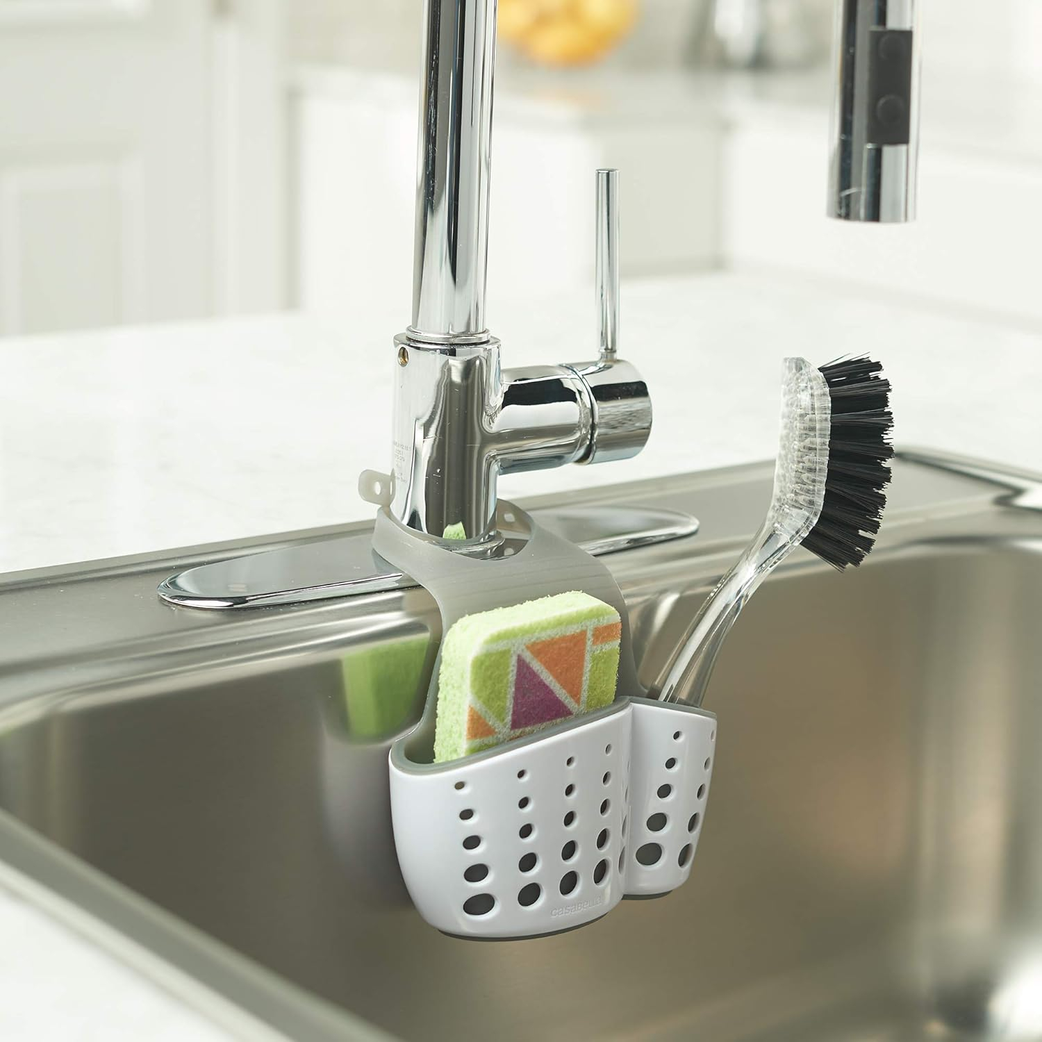 Casabella Sink Sider? Faucet Sponge Holder, Versatile Tool, Storage Capabilities, Use in Kitchen or Bathroom, White/Grey