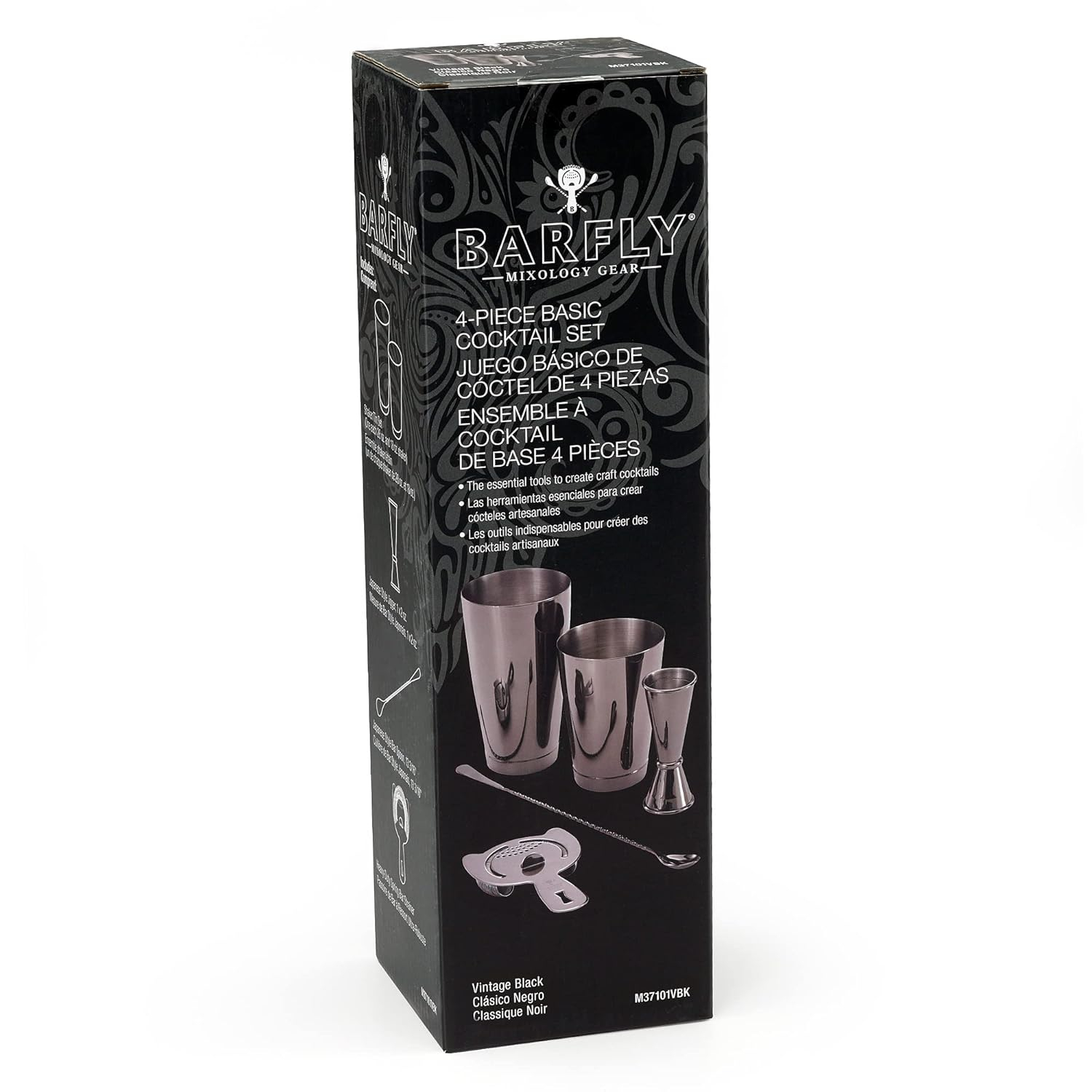 Vintage Black 5-Piece Cocktail Shaker Set with Jigger and Strainer