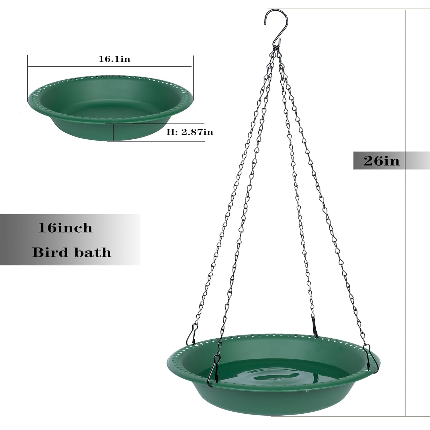 Bird Baths for Outdoors Heavy Duty, 16 inch BirdBath Bowl Only with 25” Rust-Proof Black Chains, Hanging Bird Bath Hanging Bird-Feeder for Garden Backyard Decor (Green 1 Pack)