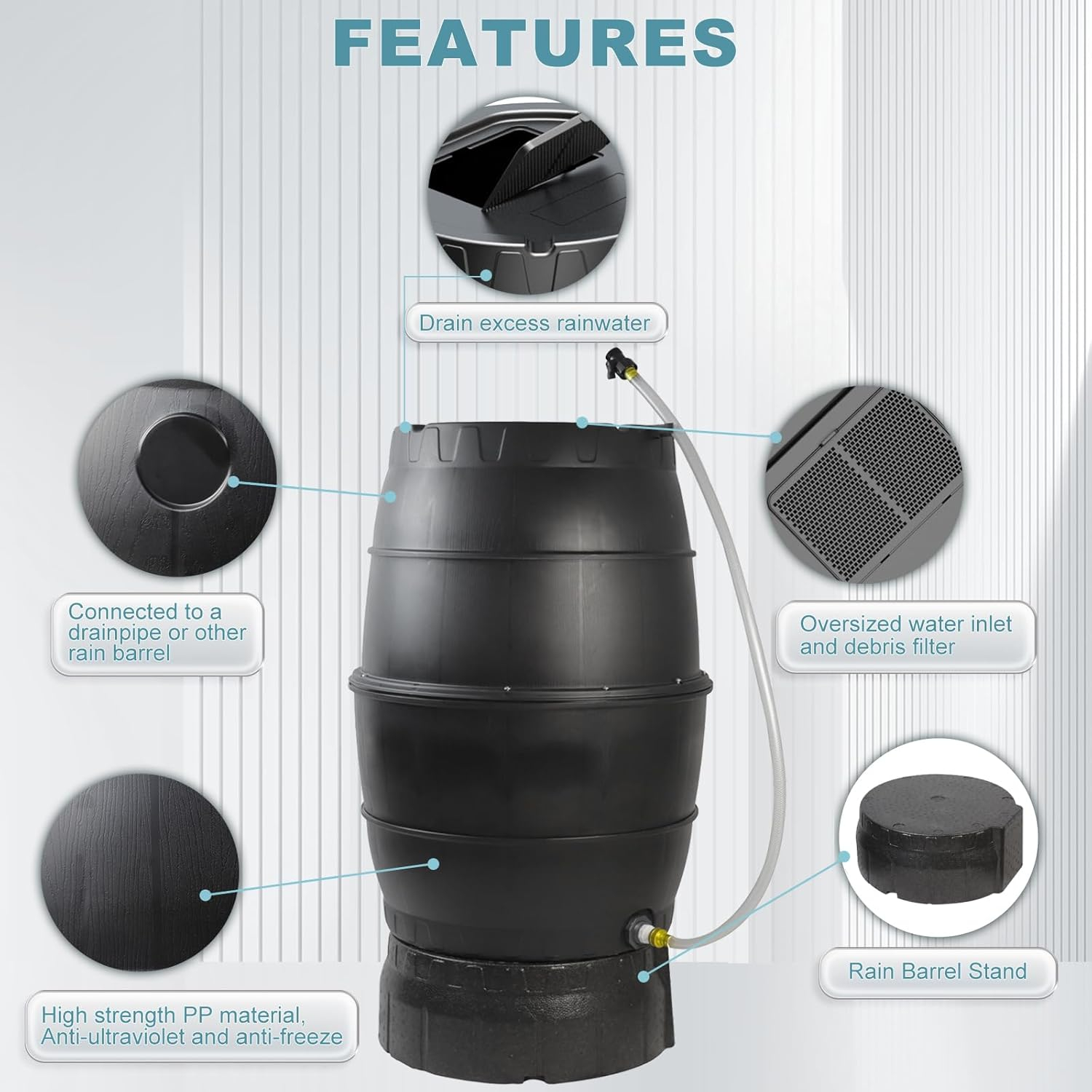 Black Cylindrical 50 Gallon Rainwater Collection Barrel with Stand