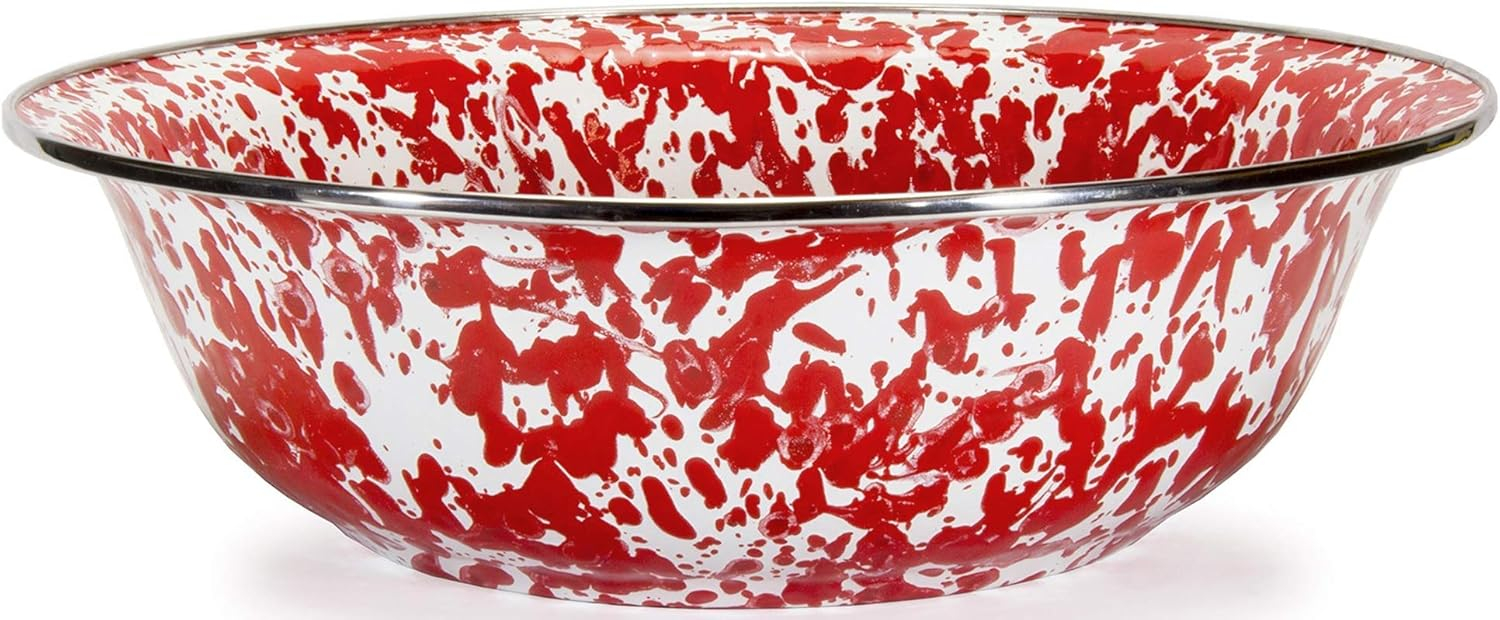 Red Swirl Ceramic Round Serving Bowl with Stainless Steel Rim