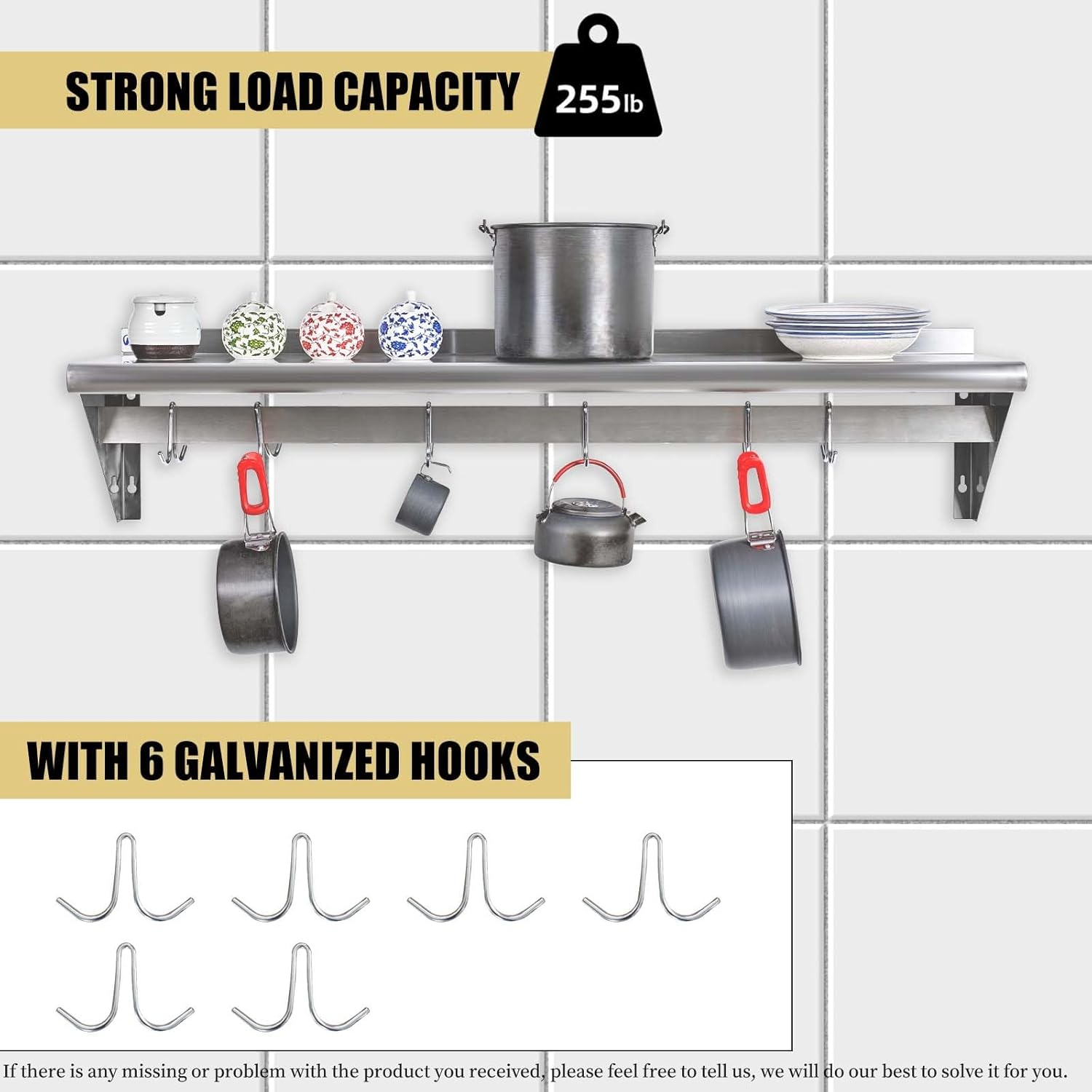 HALLY Stainless Steel Shelf with 6 Hooks 12" x 48" Wall Mounted Pot Rack, NSF Commercial Floating Shelving for Storage Hanging Pots, Pans, cookware in Restaurant, Kitchen, Home and Hotel