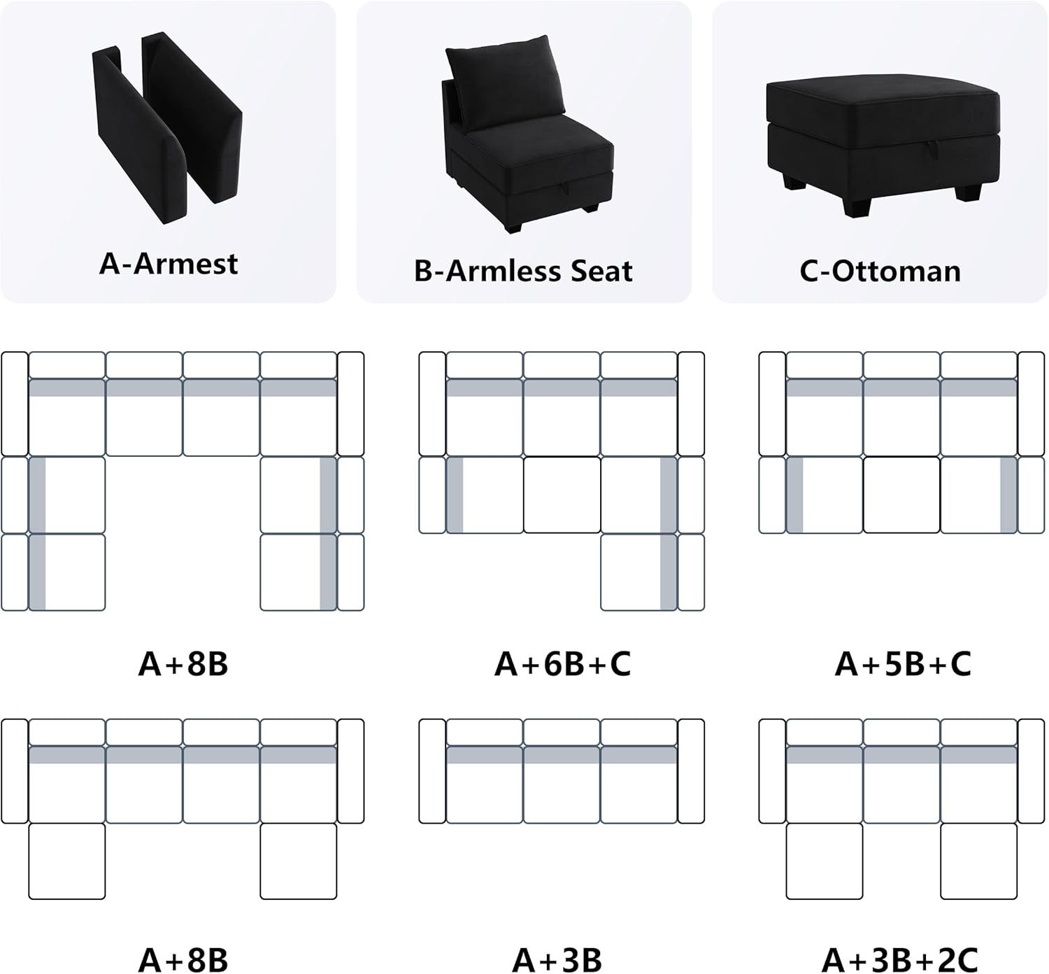 Black Velvet Armless Modular Sofa Chair with Storage
