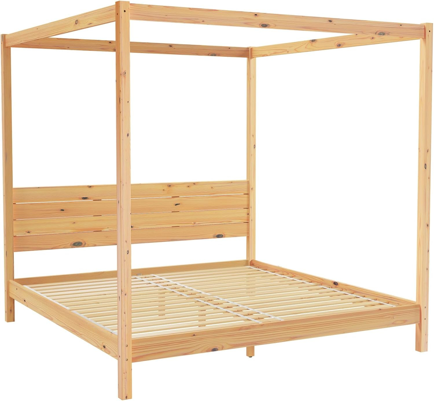 Walker Edison Minimalist Solid Wood King-Size Canopy Bedframe, Natural Pine