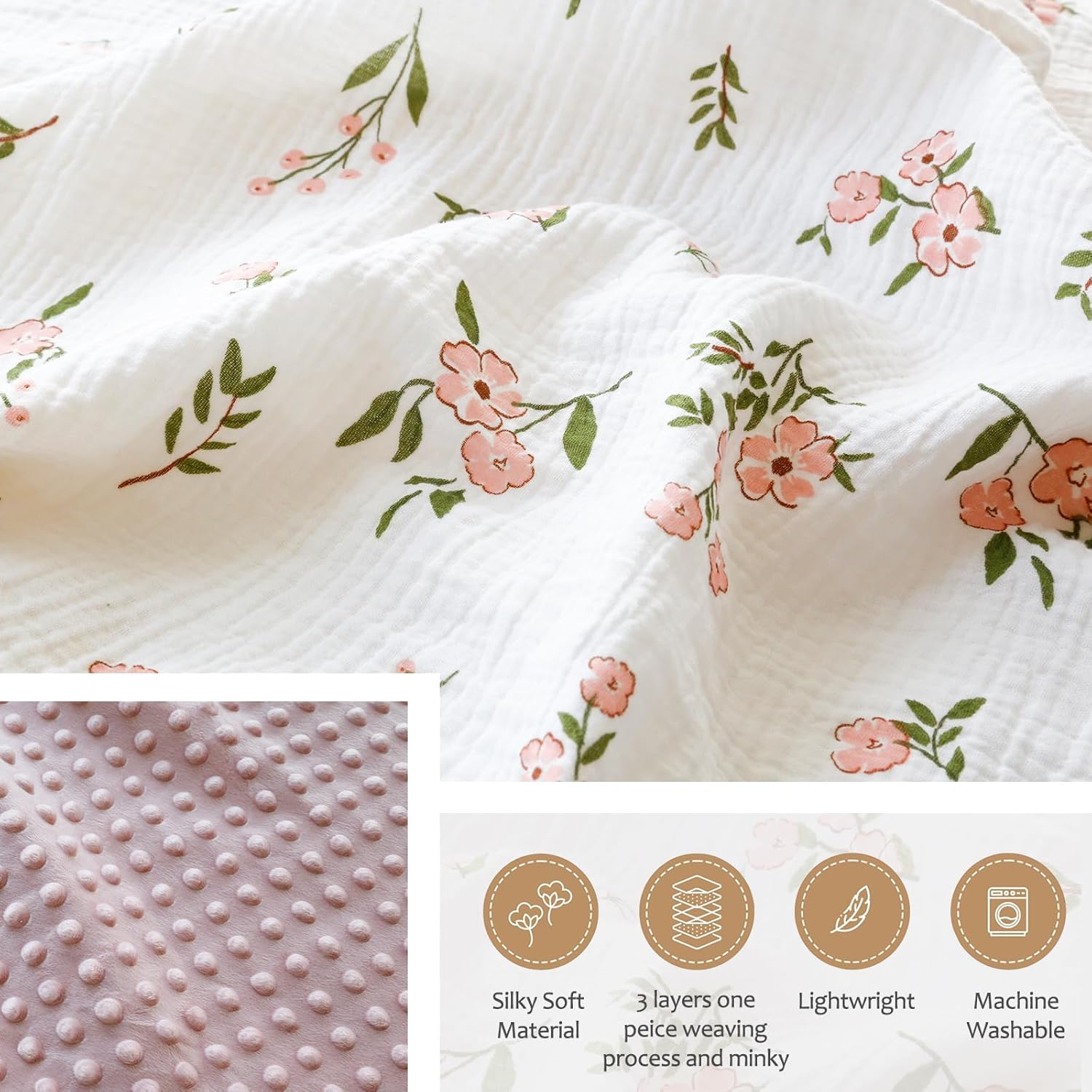 BOPRIO Muslin Baby Blankets for Girls Super Soft Nursery Minky Blankets with Breathable Muslin Cotton Front and 3D Touch Dotted Fleece Backing, Pink Floral Printed Bed Throws Newborn 30 x 40 Inch