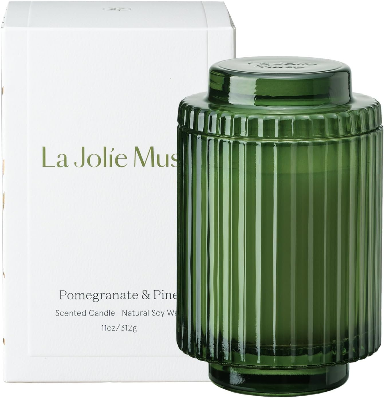 Pomegranate & Pine Green Ribbed Glass Soy Candle, 11oz