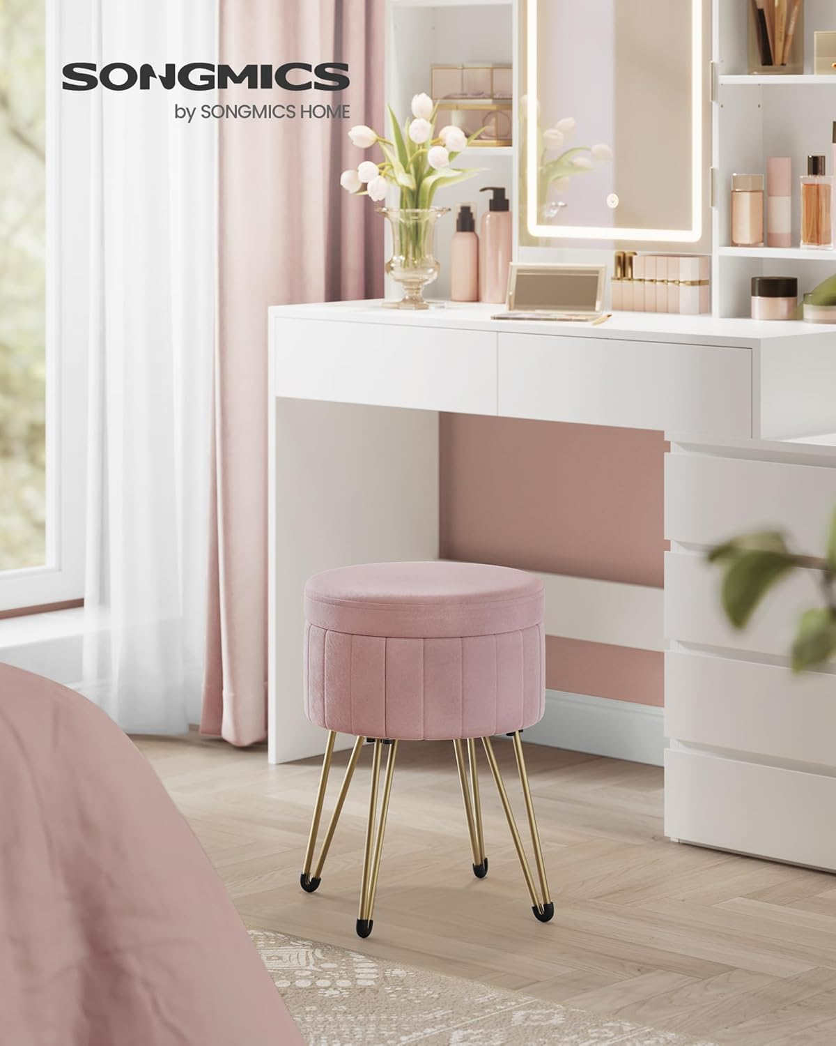 SONGMICS Vanity Stool Chair, Small Ottoman with Storage, Velvet Makeup Stool, 15.4 Dia. x 17.4 H Inches, 4 Metal Legs, for Makeup Room, Living Room, Bedroom, Jelly Pink ULOM003R01