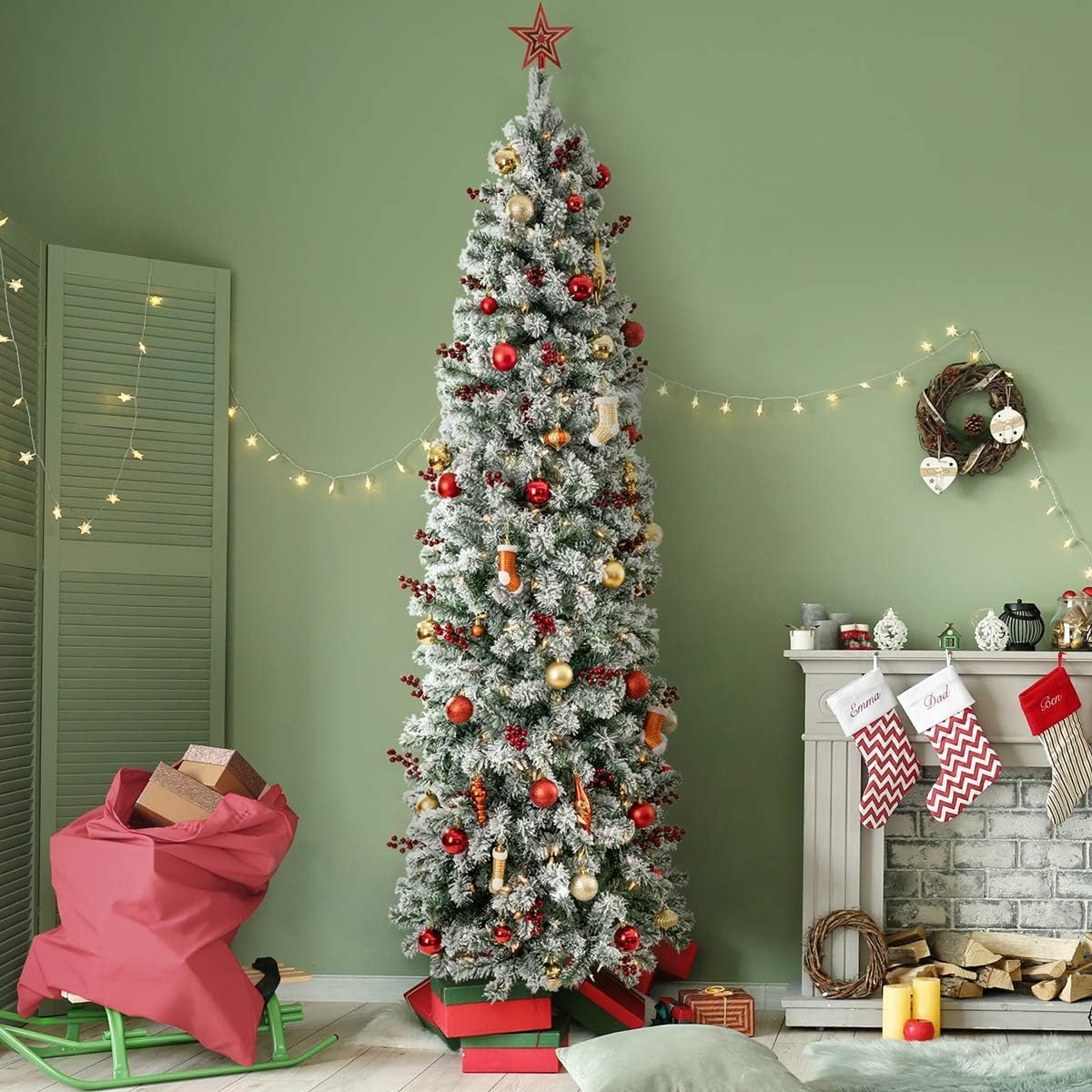 OasisCraft Un-lit 6.5Ft Snow Flocked Artificial Pencil Christmas Tree, Hinged Snowy Slim Xmas Tree Outdoor for Festive Holiday Decoration Metal Stand