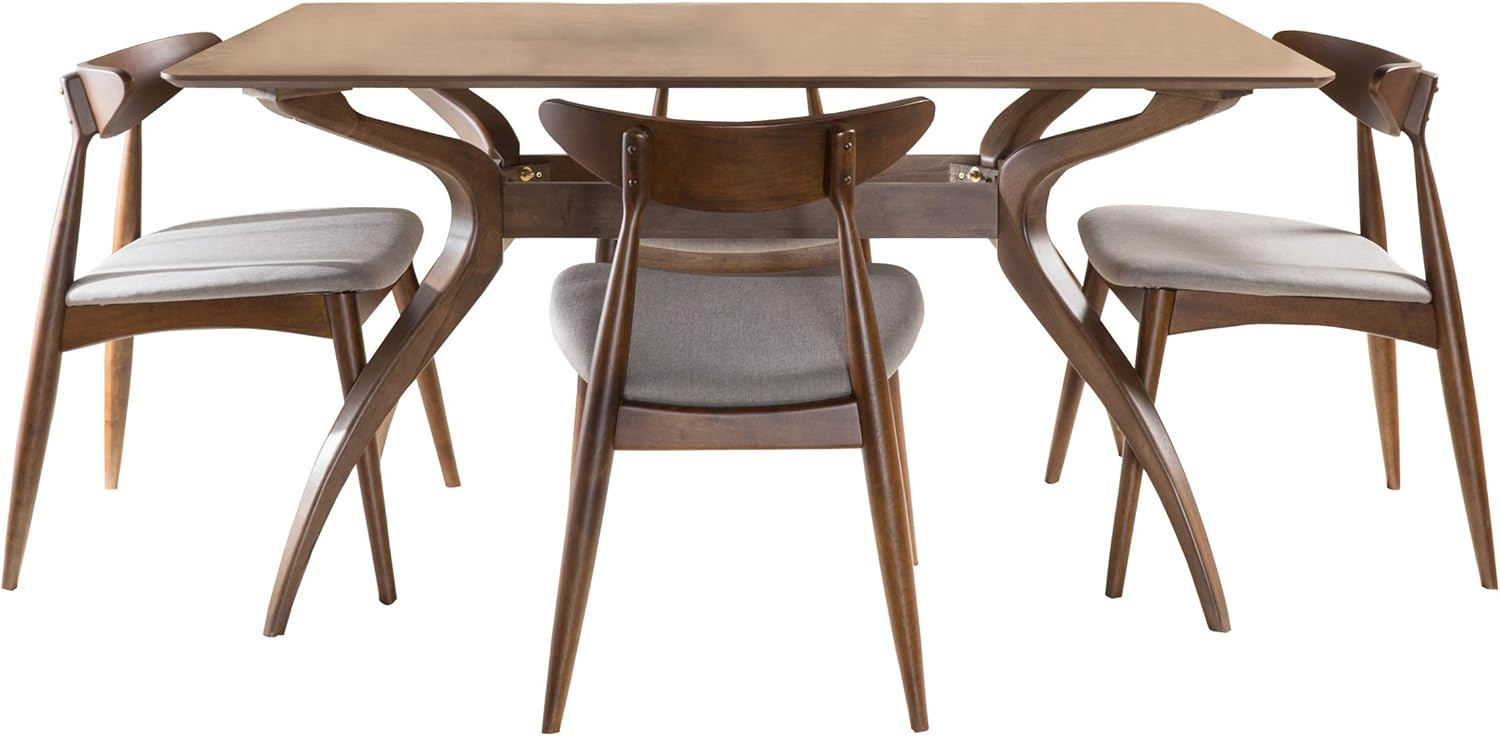 GDF Studio Wales Mid Century Modern Fabric Upholstered 5 Piece Dining Set, Light Gray and Walnut