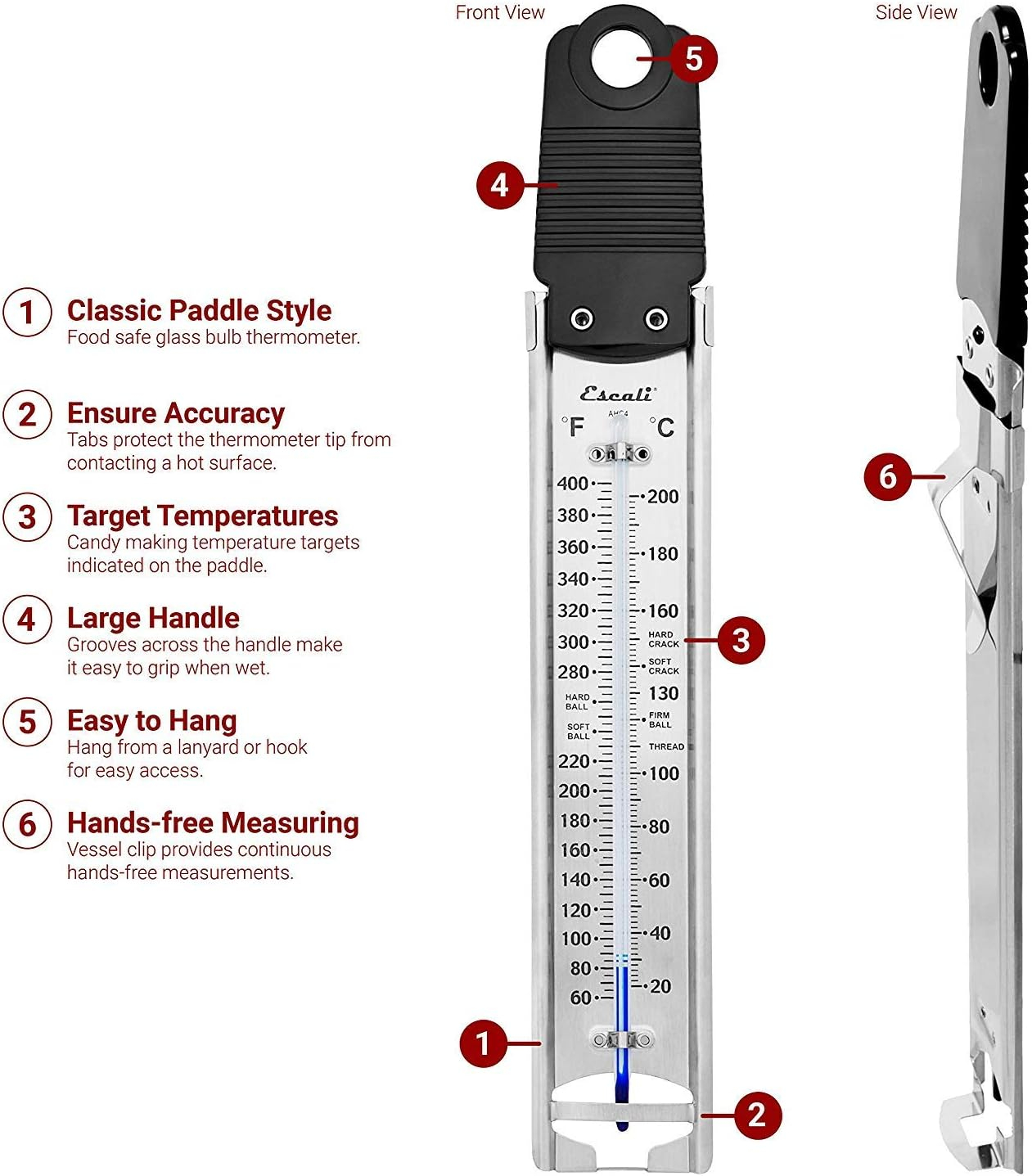 Escali Deep Fry Stainless Steel Paddle Candy Thermometer, Heat Resistant Handle, and Hand-Free Clip, Temperature Indications