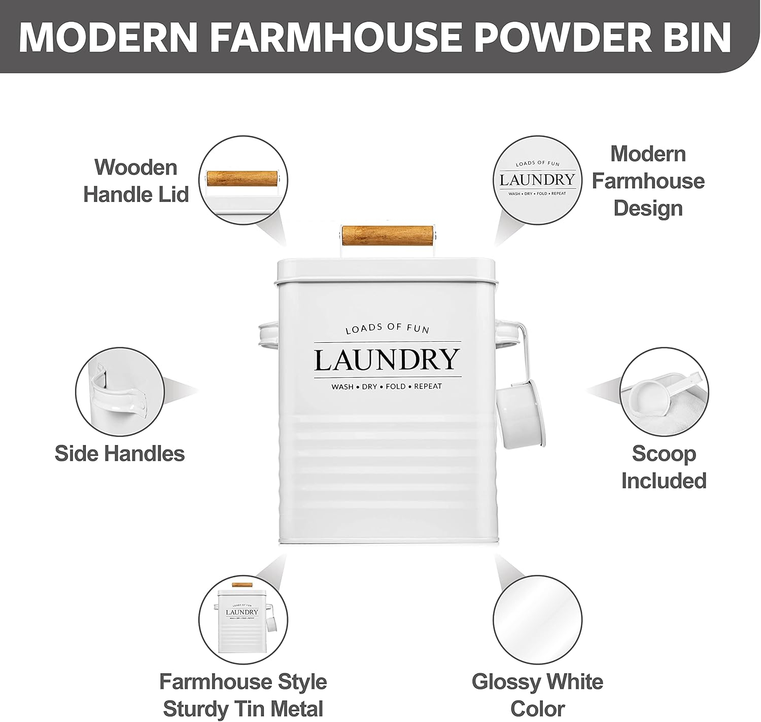 Calindiana Modern Farmhouse Metal Laundry Soap Dispenser with Scoop for Decor and Space Saving Organization, White