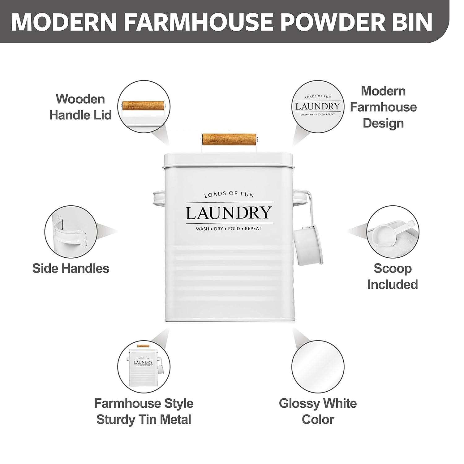 Calindiana Modern Farmhouse Metal Laundry Soap Dispenser with Scoop for Decor and Space Saving Organization, White