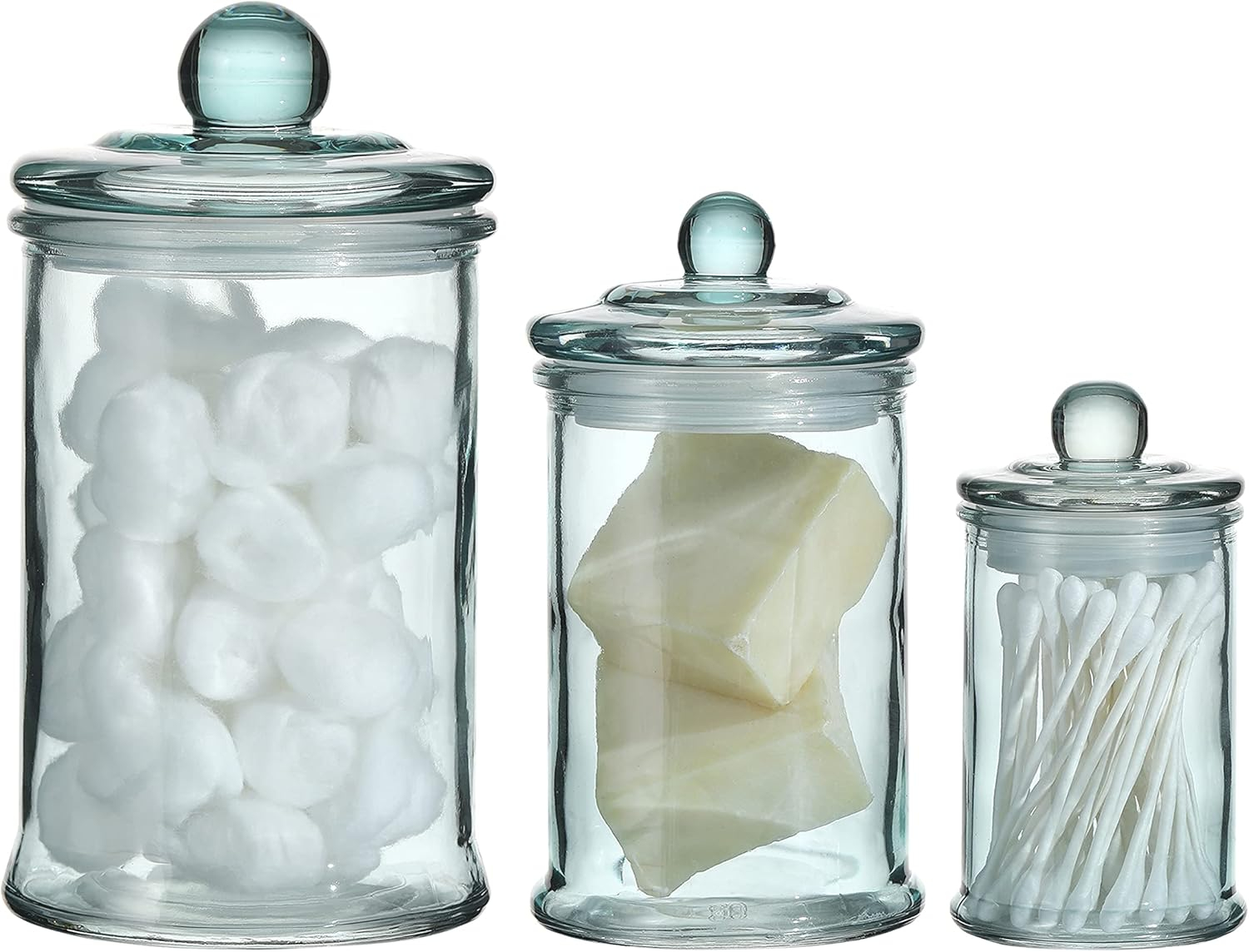 Glass Apothecary Jar | Bathroom Storage Organizer Canister (Set of 3, Blue)
