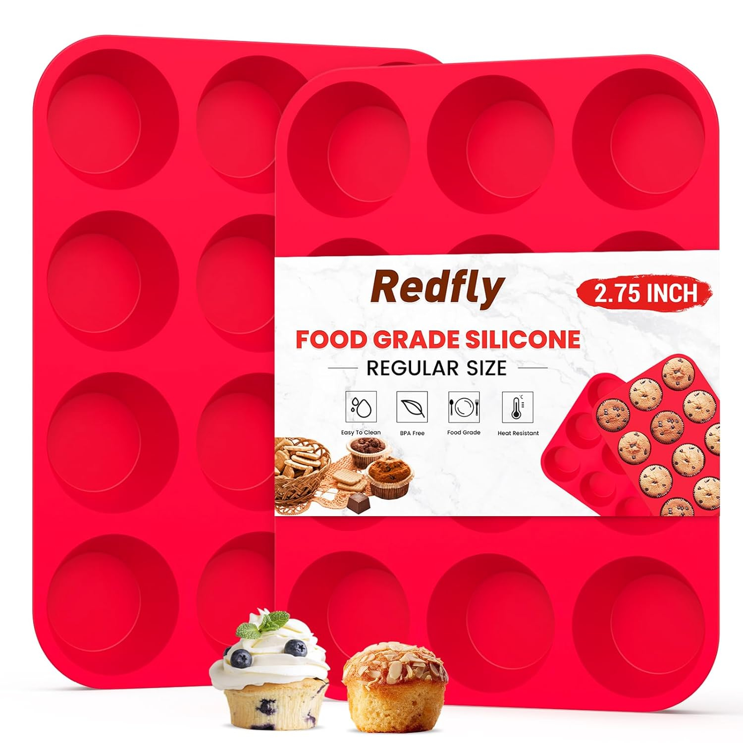 RUseeN Silicone Muffin Pan 2 Pack - 12 Cups Regular Silicone Cupcake Pan, Non-stick Silicone Great for Making Muffin Cakes, Tart, Bread - BPA Free and Dishwasher Safe