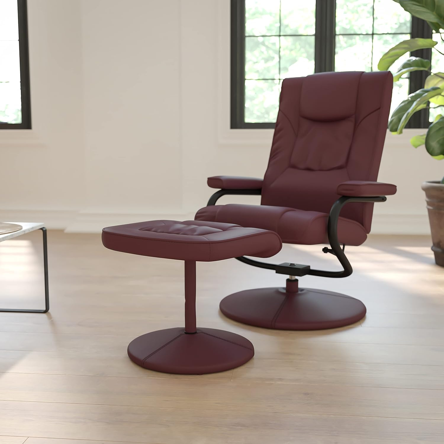 Flash Furniture Contemporary Multi-Position Recliner and Ottoman with Wrapped Base in Burgundy LeatherSoft