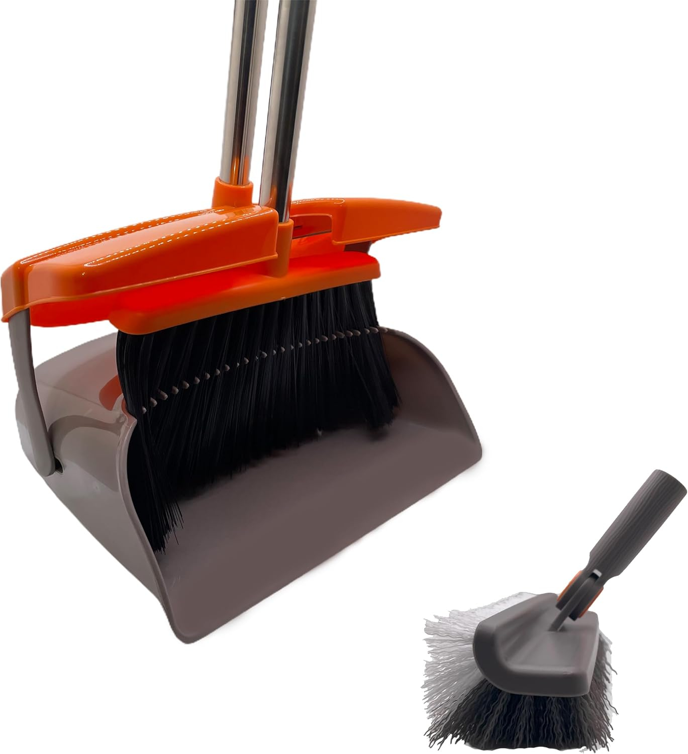 Broom and Dustpan Set for Home, Broom and Dustpan Combo for Office, Long Handle Broom with Upright Standing Dust pan,Indoor&Outdoor Sweeping (Gray&Orange)