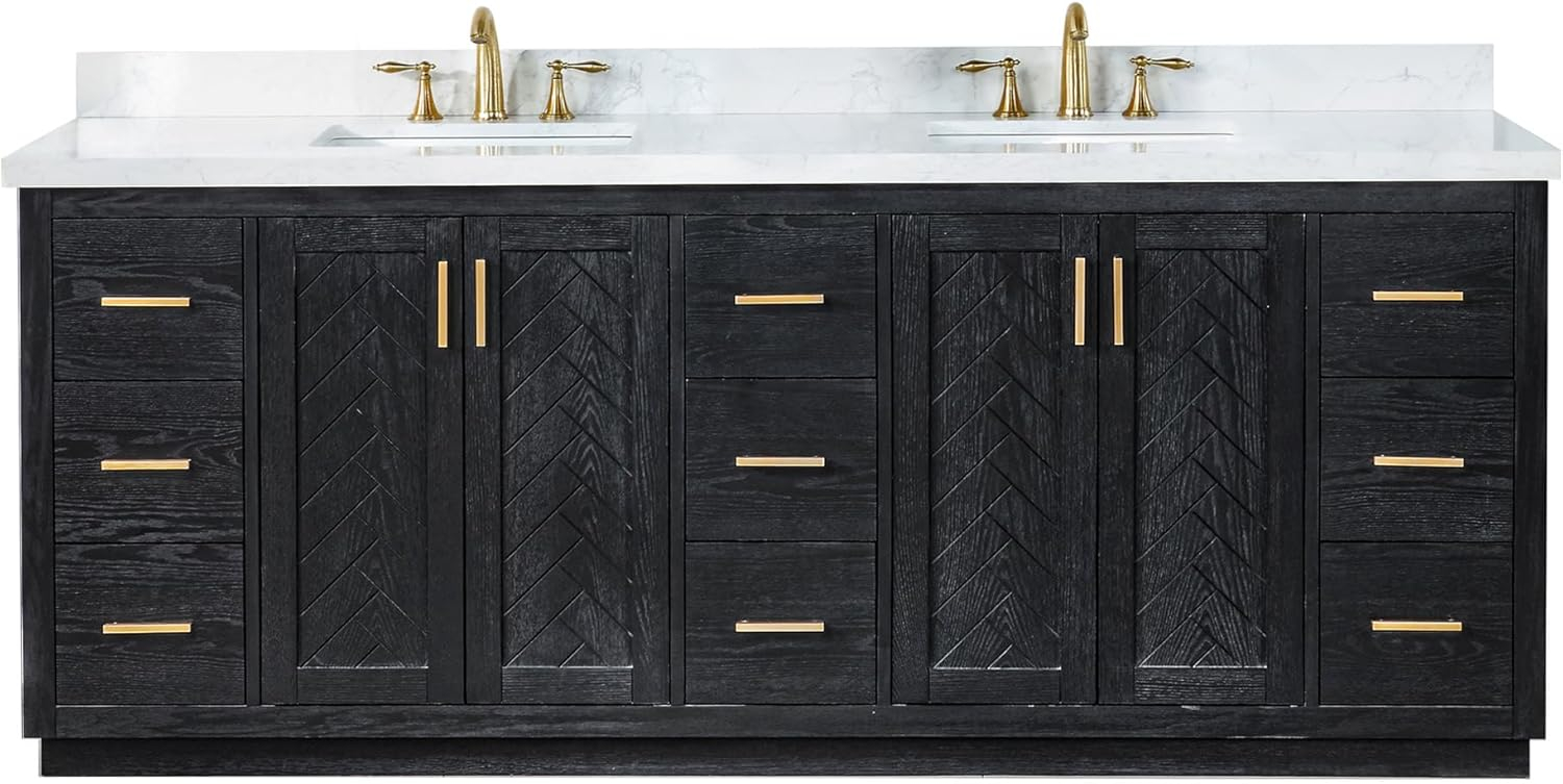 Altair Gazsi Wood Vanity with Composite Stone Top, 84" Black Oak, No Mirror