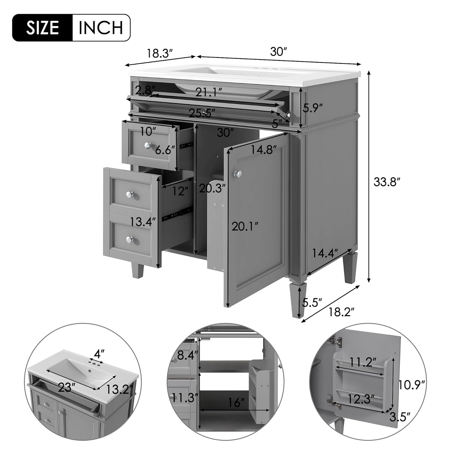 Linique 30" Bathroom Vanity with Sink Combo Set, Solid Wood Frame Modern Bathroom Storage Cabinet with 2 Drawers and a Tip-Out Drawer, Soft Closing Cabinet Door with Organizer, Grey