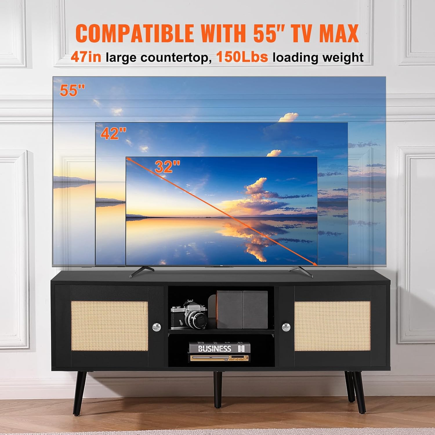 Rattan TV Stand, Boho TV Cabinet for 55 inch TV, Mid Century Modern TV Stand, Rattan TV Console with Adjustable Shelfs for Living Room, Media Room, Black