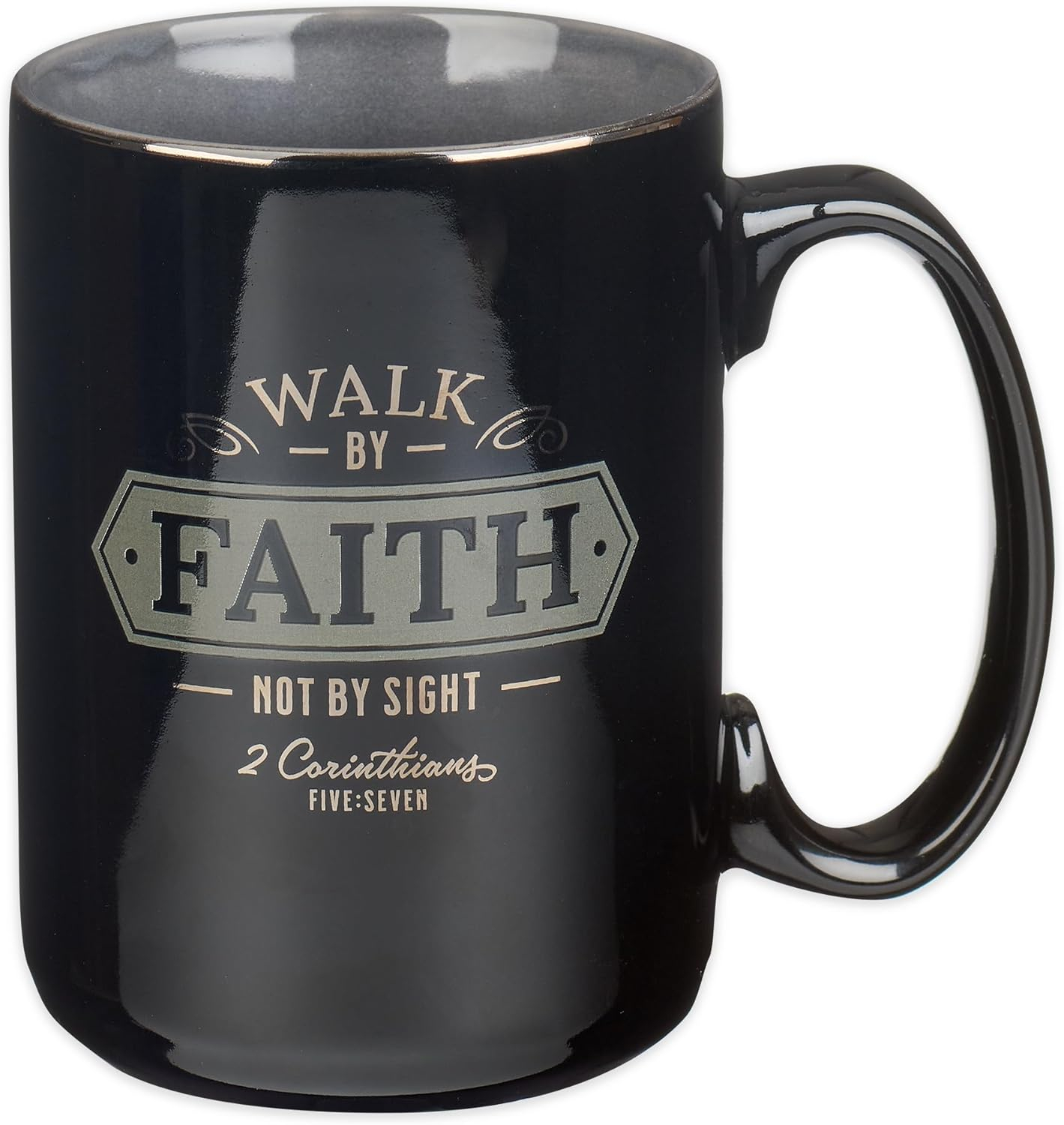 Christian Art Gifts Large Ceramic Bible Verse Coffee & Tea Mug for Men: Walk by Faith - 2 Corinthians 5:7 Inspirational Scripture, Non-toxic & Lead-free Novelty Drinkware, Black/Gray w/Silver, 14 oz.