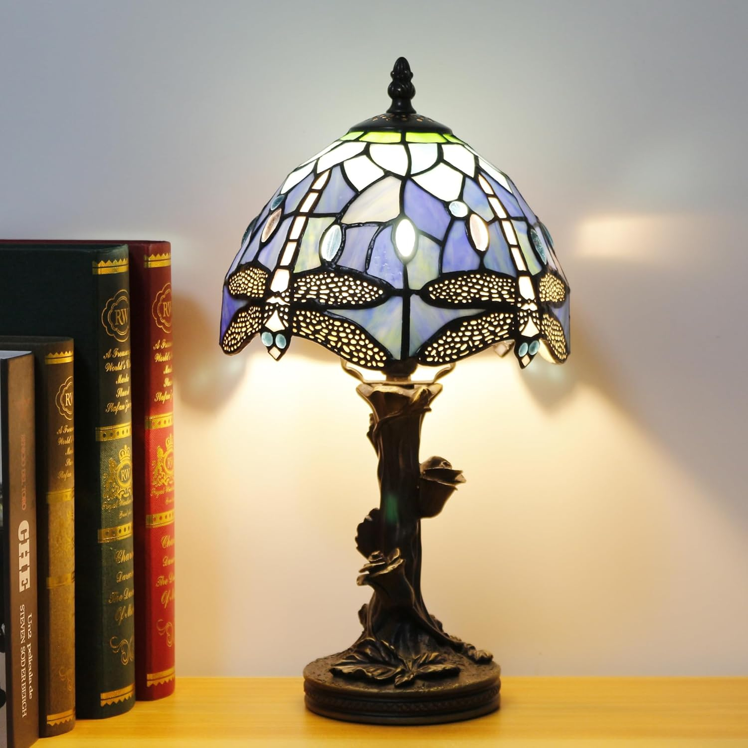 Astoria Grand Mampre Tiffany Mini Table Lamp Dragonfly Blue Stained Glass  LED Bulb Included 8"W*8"D*15"H