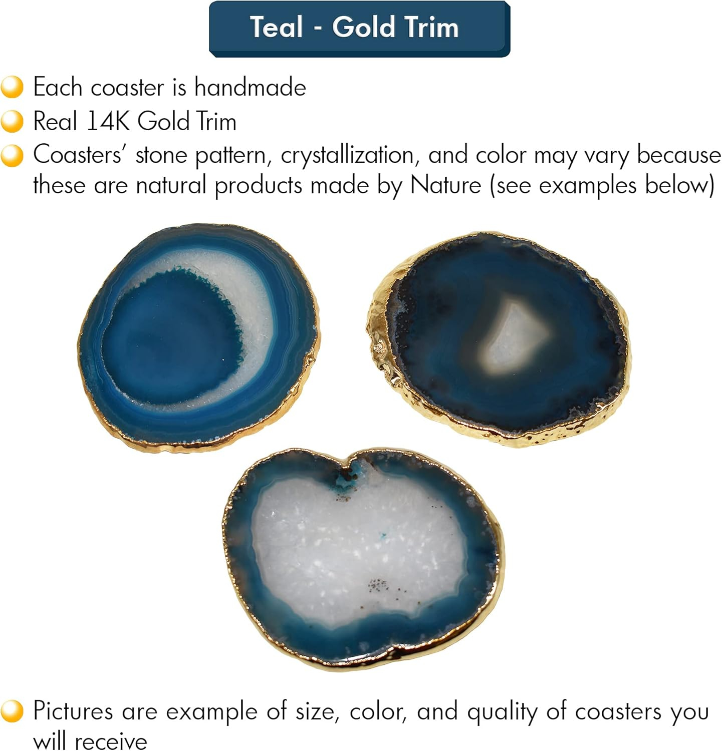 Nature's Decorations Teal Gold Rimmed Agate Stone Coasters - Set of 4, Polished Geode Drink Mats for Dining & Coffee Table & Kitchen Geode Decor Non-Toxic 3.5-4" Diameter