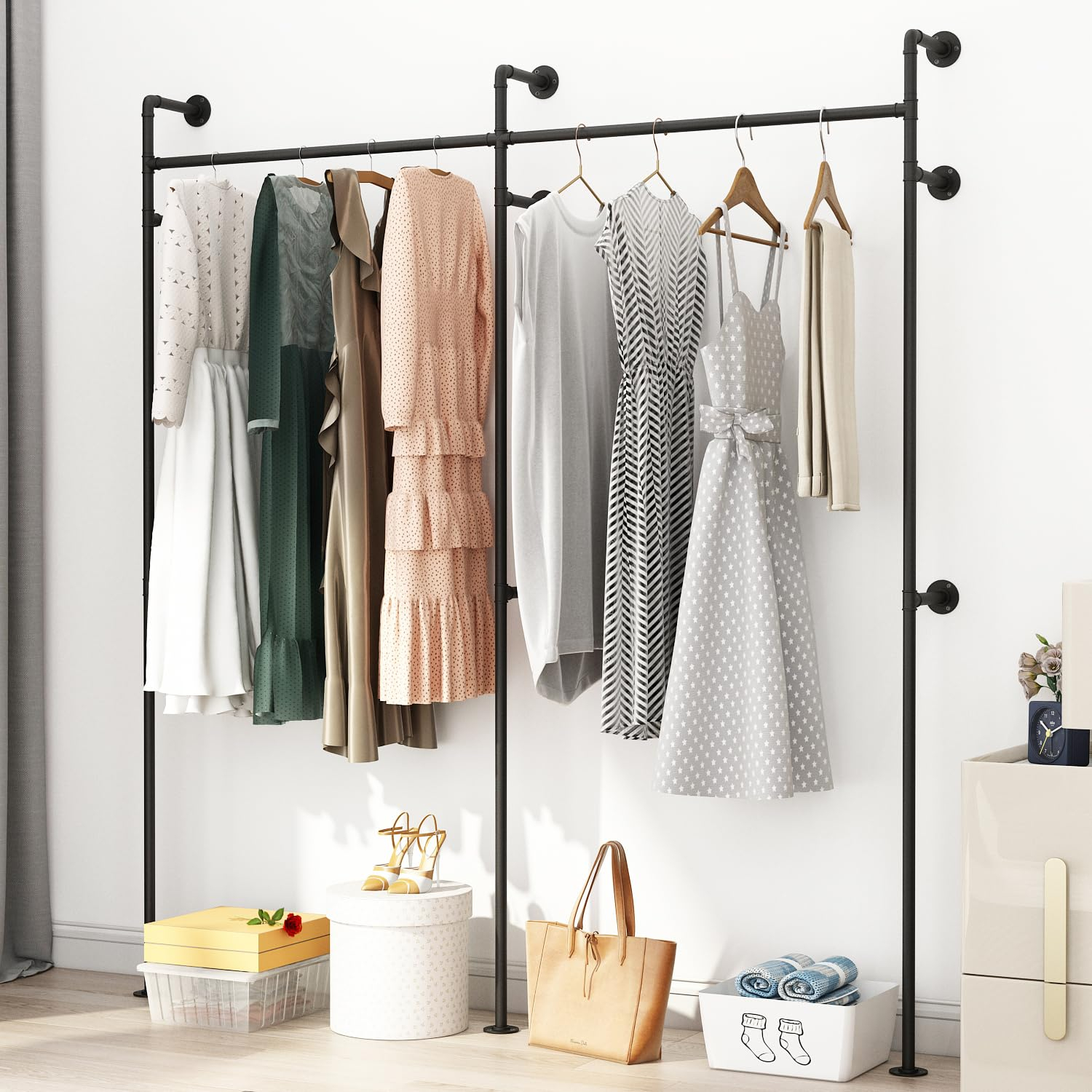 Industrial Pipe Clothes Rack Wall Mounted Clothing Rack,Heavy Duty Iron Pipe Garment Rods,Detachable Multi-Purpose Clothing Hanging Rod/Garment Bar, Black