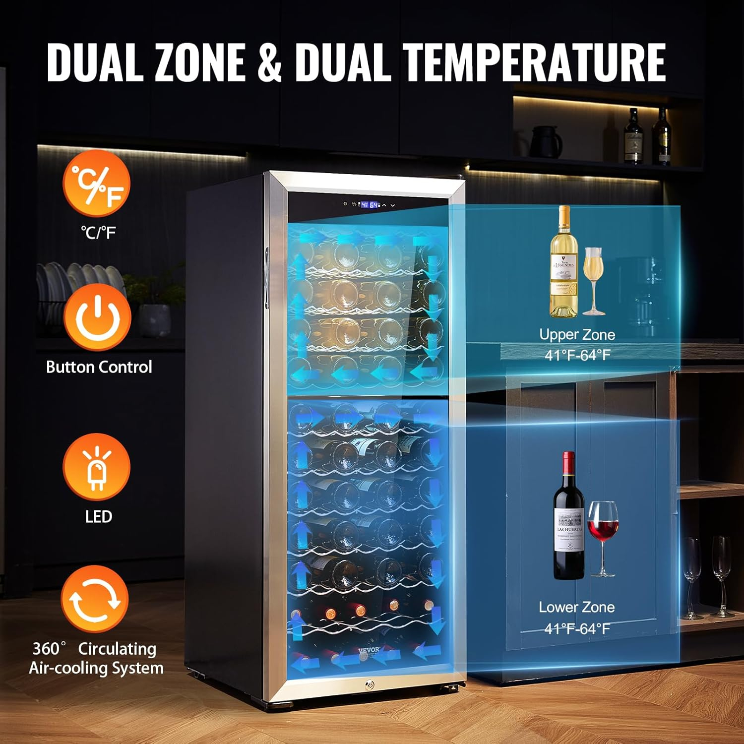 VEVOR 80-Bottle Black and Silver Dual Zone Wine Cooler with Interior Lighting