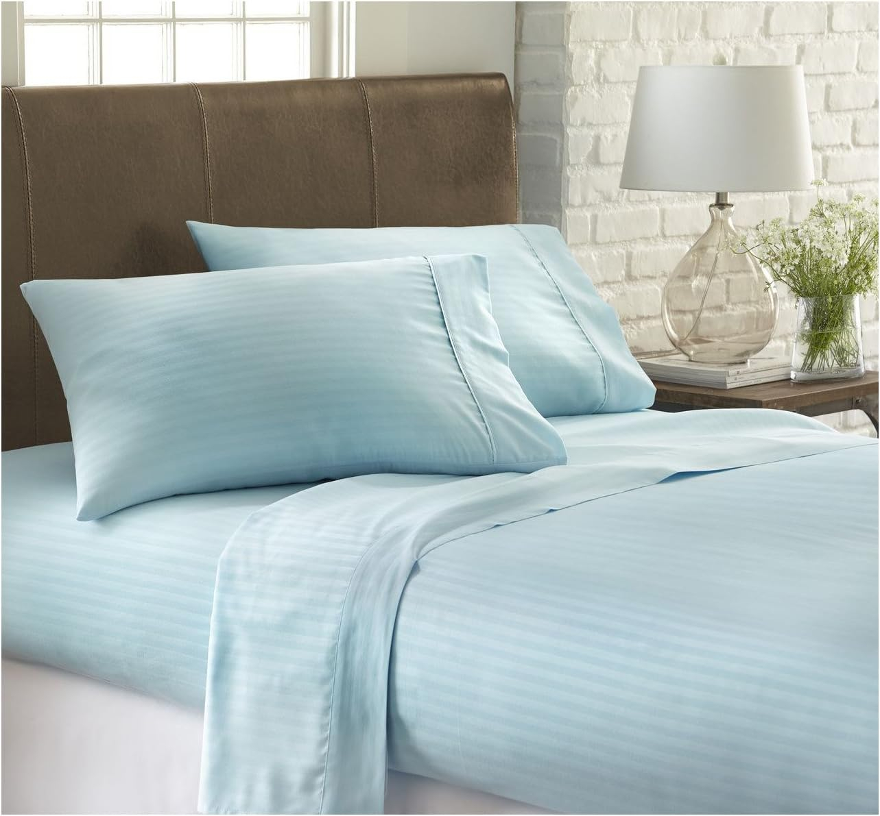 California King Aqua Striped Microfiber 4-Piece Sheet Set