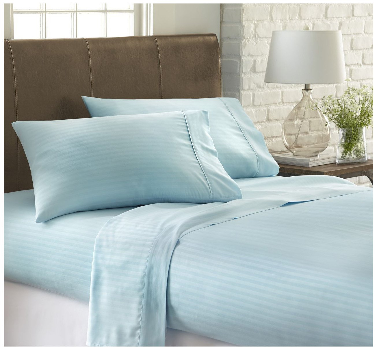 California King Aqua Striped Microfiber 4-Piece Sheet Set