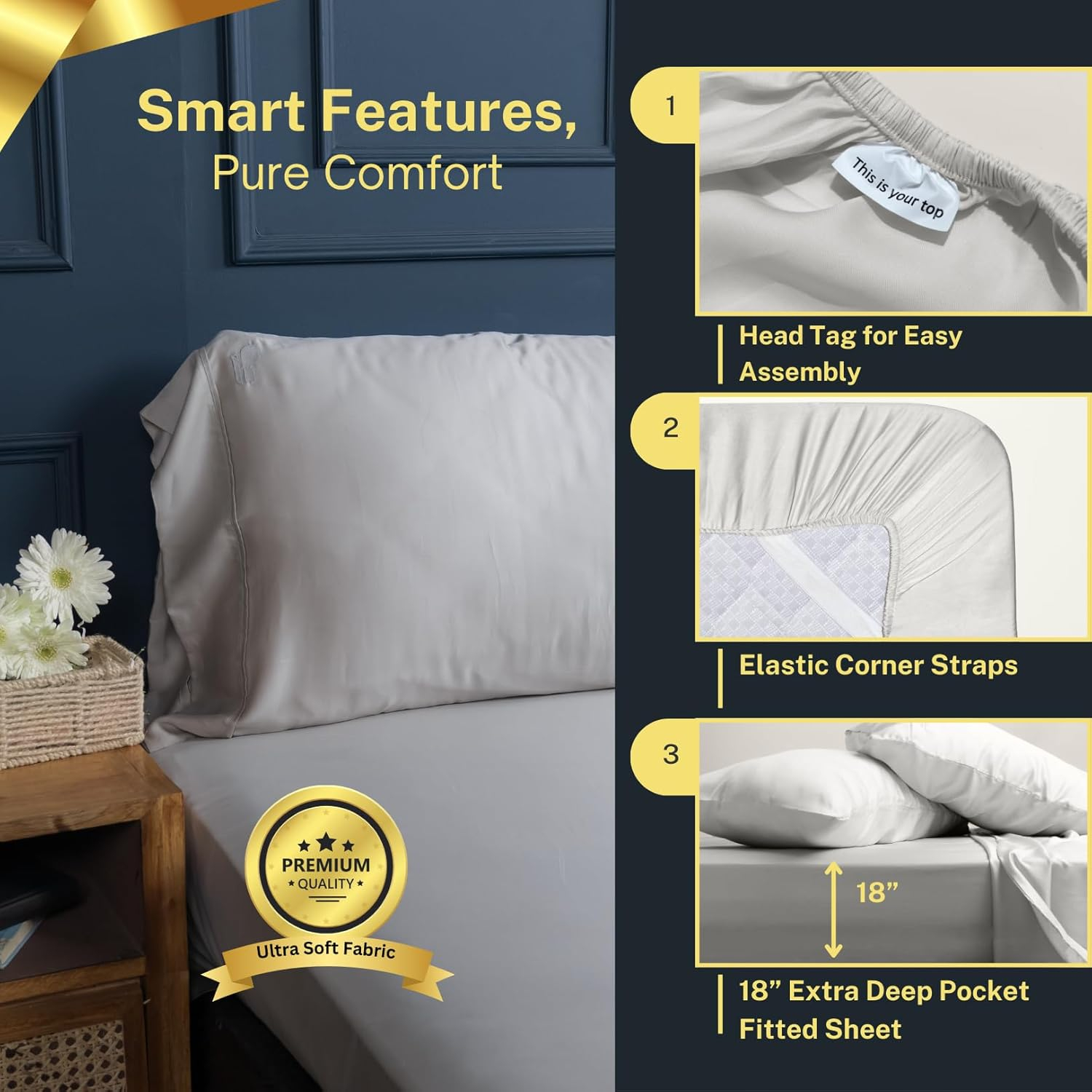 100% Austrian Eucalyptus Queen Bed Sheets, 18 Inch Deep Pocket Queen Sheets, Cooling Sheets with Elastic Corner Straps, Eucalyptus Silk Tencel Lyocell (Cool Grey, 4PC Queen)