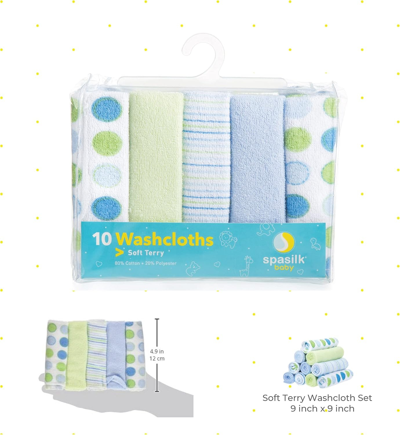 Spasilk Baby Washcloth Wipes Set for Infant Boys and Girls, Terry Bath Scrub, Pack of 10, Blue Dots