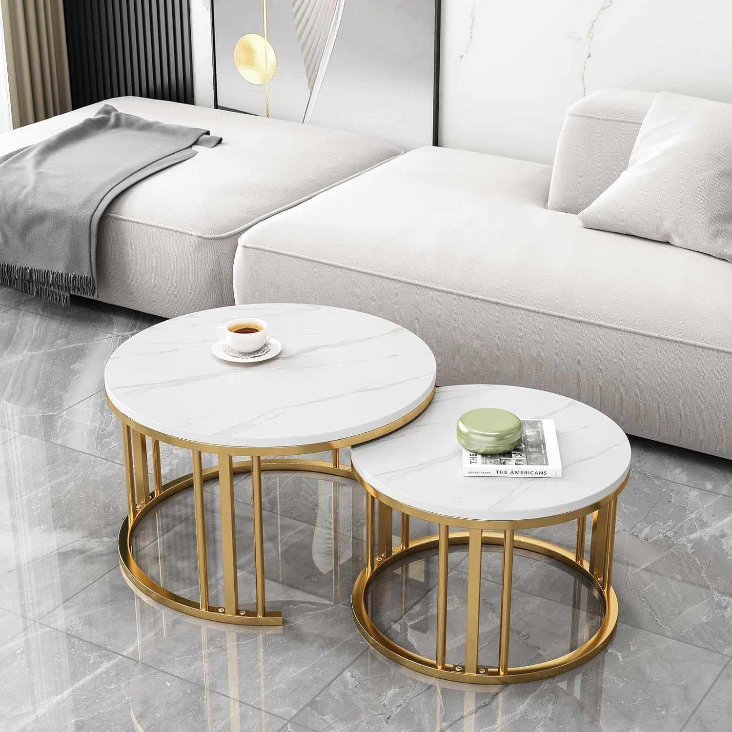 Round Nesting Coffee Table, Set of 2 Modern Coffee Table with Faux Marble Top, Gold Metal Frame White Nesting Table for Living Room, Apartment, Office (White + Gold)