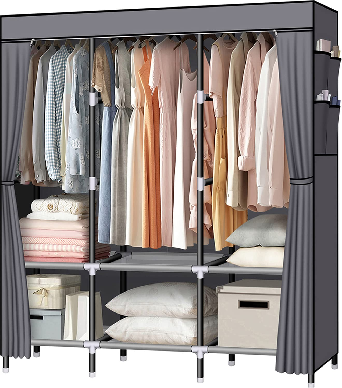 LOKEME Portable Closet, 61-Inch Portable Wardrobe with 3 Hanging Rods and 6 Storage Shelves, Non-Woven Fabric, Stable and Easy Assembly Grey Portable Closets for Hanging Clothes with Side Pockets