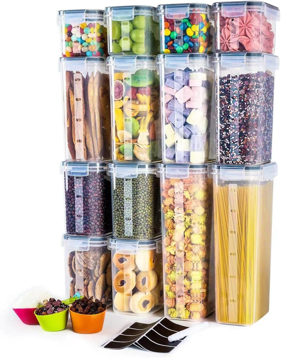 Airtight Clear Pantry Canister Set 14-Pack Dark Gray Stackable Organizer for Food Storage