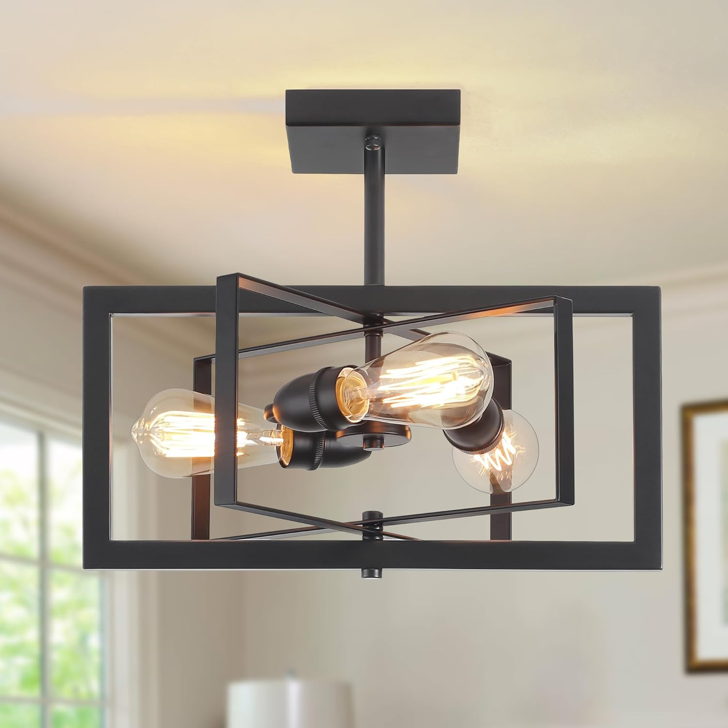 3-Light Black Ceiling Light Fixture for Dining Room Foyer Modern Farmhouse Lighting Fixtures Semi Flush Mount Rectangle Metal Ceiling Light for Bedroom Kitchen Island Entryway 15.74''