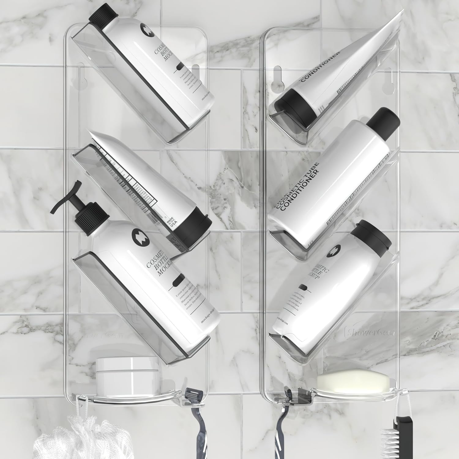 Easy Clean Shower Caddy, 2 Pack Durable Rustproof Bath Organizer, No Suction Cups, No Screws, Wall Mounted Adjustable Shower Rack, Acrylic Shelves As Seen On Instagram