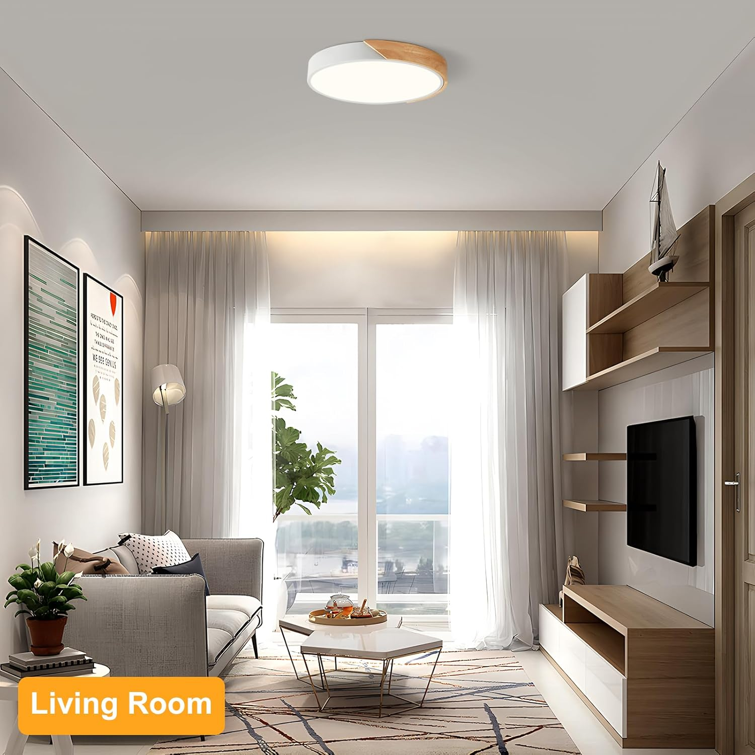 Vikaey Modern LED Ceiling Light, Minimalist Wood Flush Mount Ceiling Light Fixture, 4000K Not Dimmable, Circle Lighting Lamp with Acrylic Lampshade for Bedroom Dining Room Laundry (White, 15.8'')
