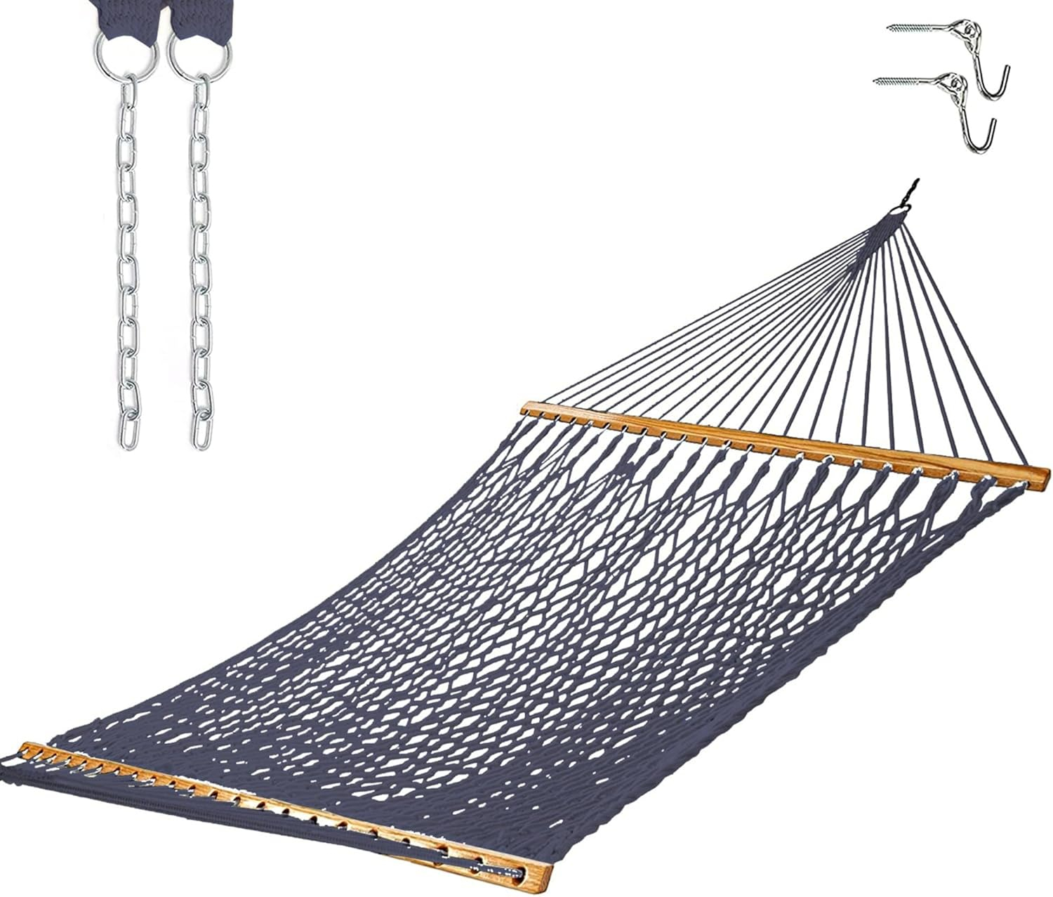 Castaway Living 13 ft. Double Navy Polyester Rope Hammock with Free Extension Chains ,Tree Hooks & Storage Bag