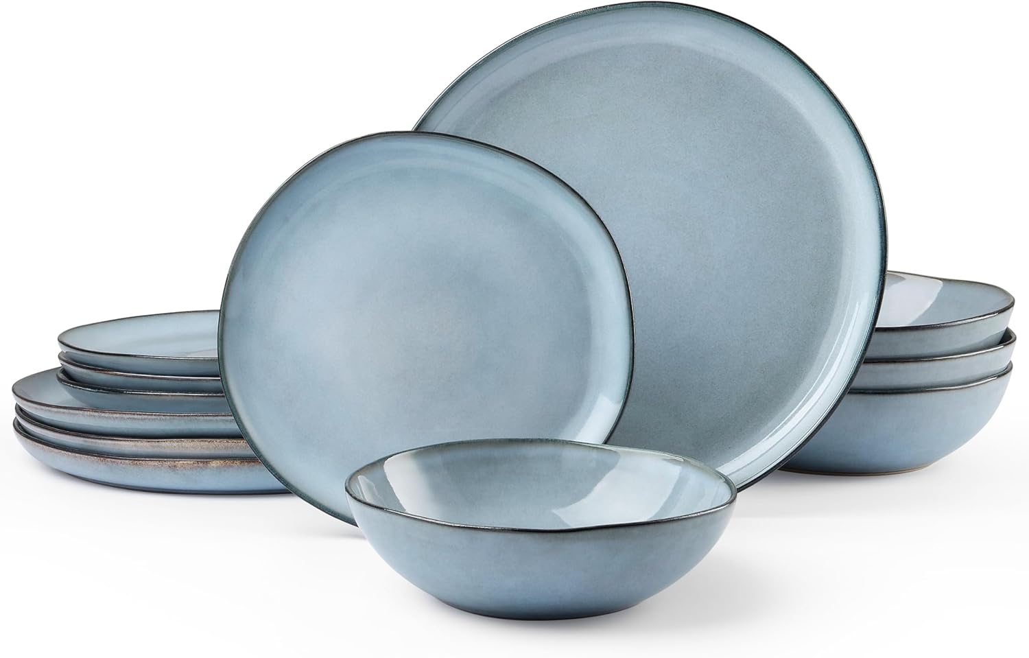 HaWare Dish Set for 4, 12-Piece Stoneware Dinnerware Sets, Round Plates and Bowls Set, Ceramic Dishware for Home Restaurant, Crack and Scratch Resistant, Microwave and Oven Safe, Reactive Foggy Blue