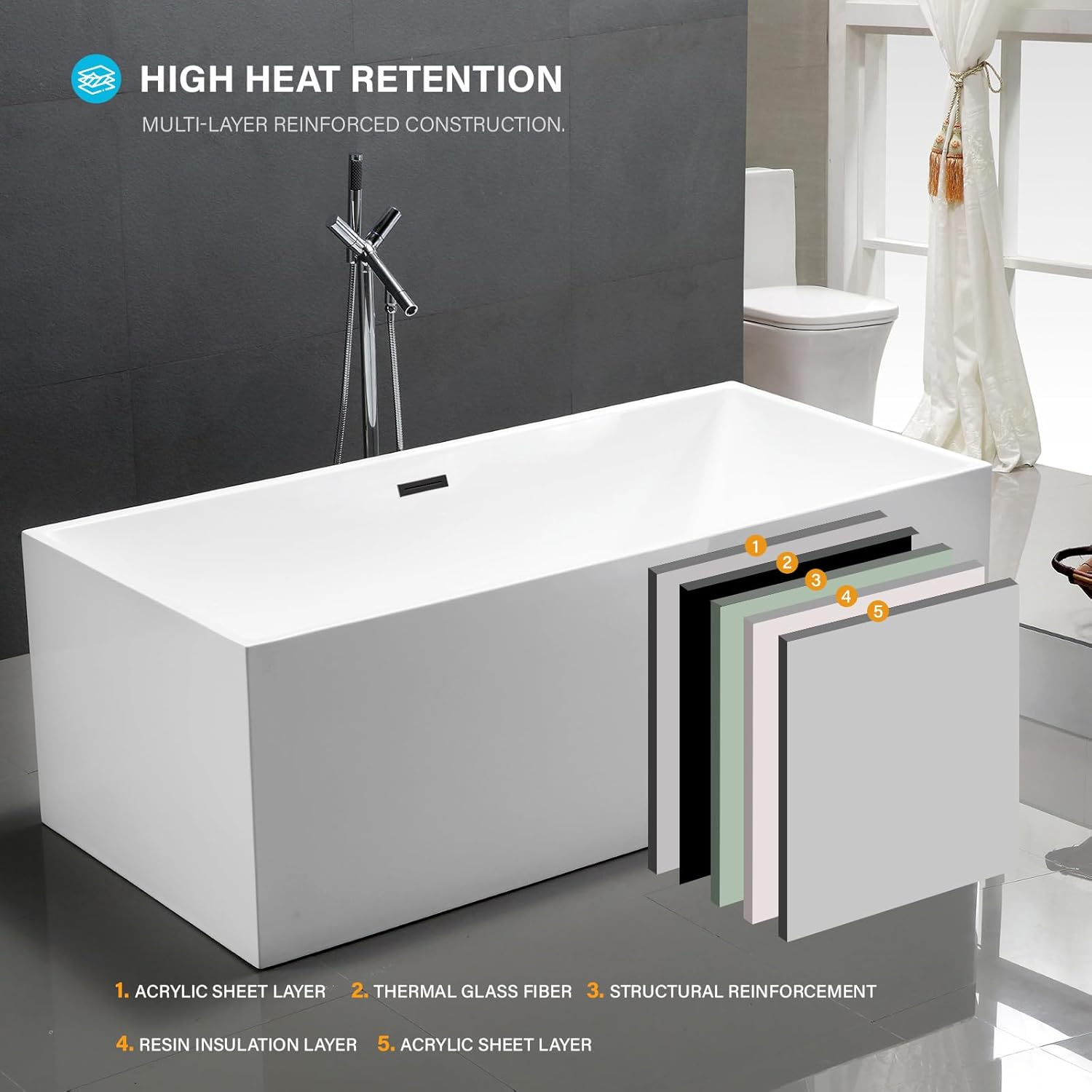 Vanity Art 67" Acrylic Freestanding Soaking Bathtub with Overflow and Pop-up Drain