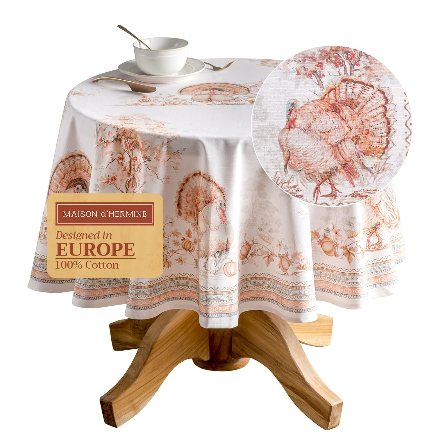 Maison d' Hermine Table Cloth Round Table 100% Cotton 63 Inches Tablecloth Reusable Decorative Everyday Use for Dining Room, Farmhouse, Home, Party, Festive & Wedding - Giving Thanks